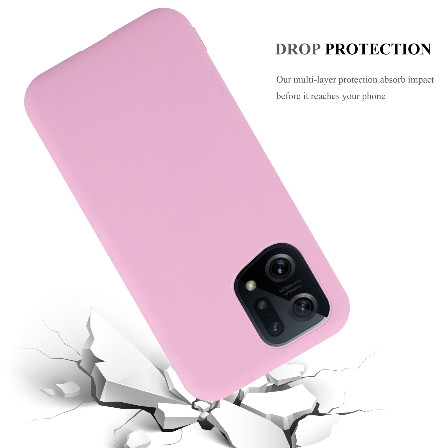 Custodia del telefono rosa, che cade. Crepe bianche a terra. Protezione contro le cadute.