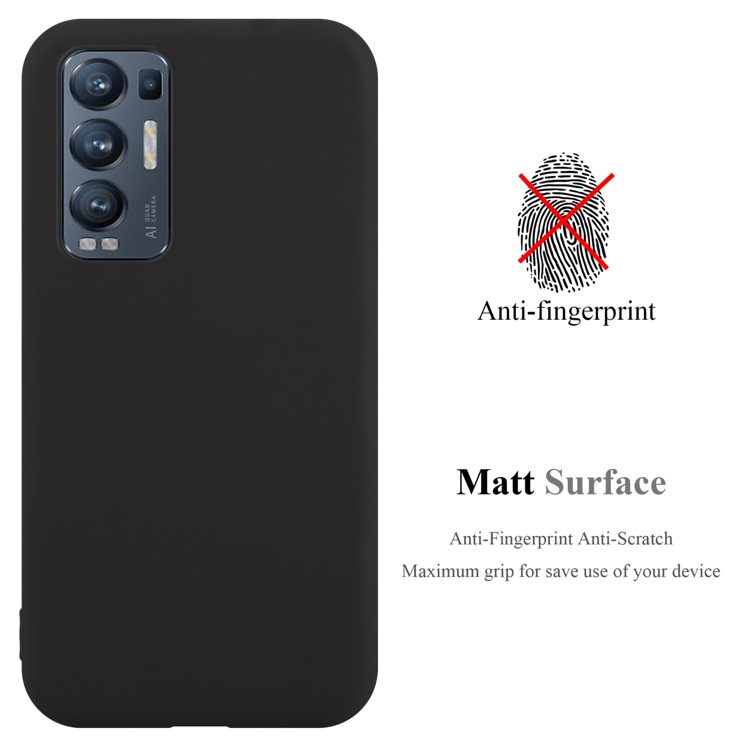Schwarze Handyhülle. Zeigt die Rückseite eines Telefons. Anti-Fingerabdruck und matte Oberfläche. Weißer Hintergrund.