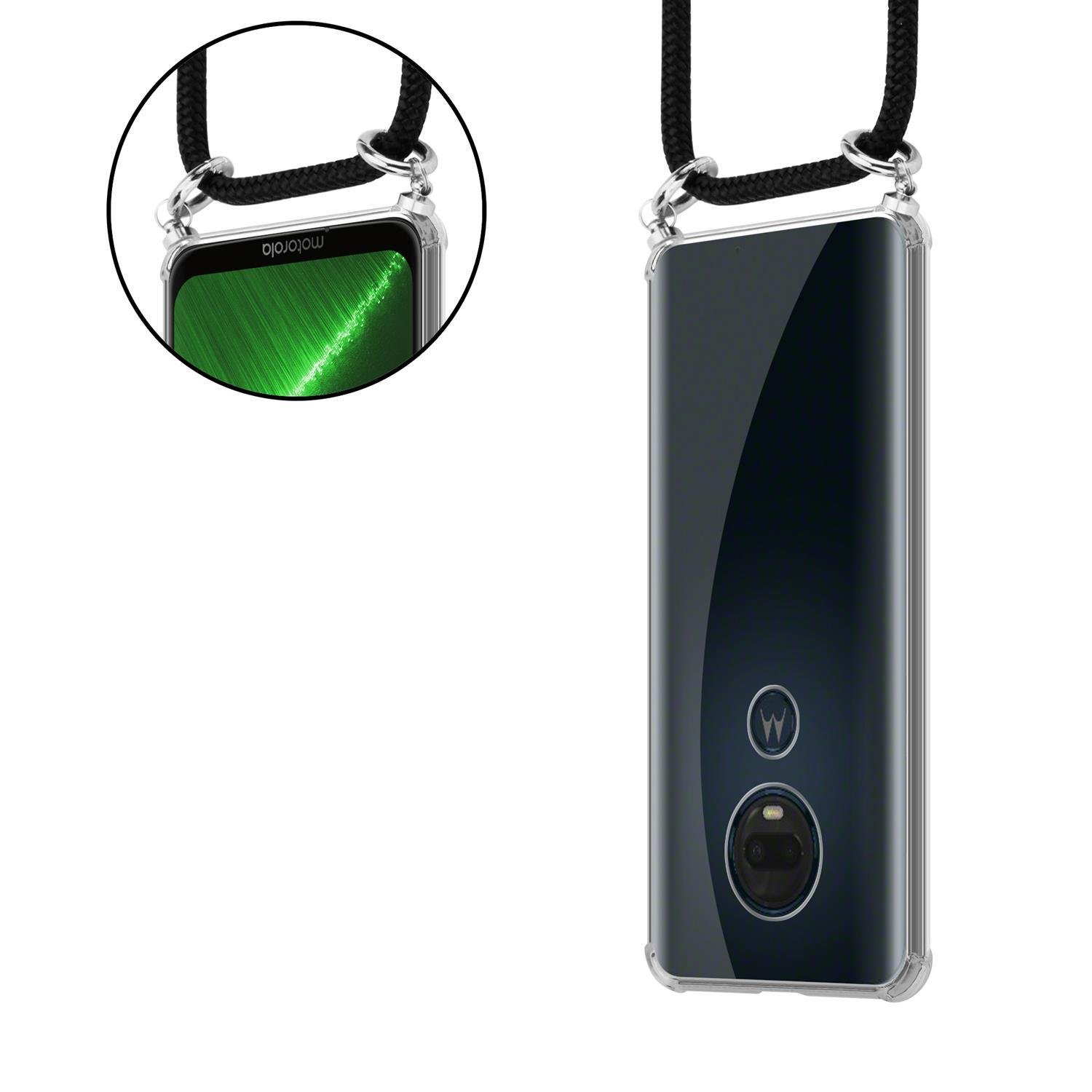 Telefon in durchsichtiger Hülle mit Lanyard. Klare Hülle zeigt Telefon mit grünem Display.