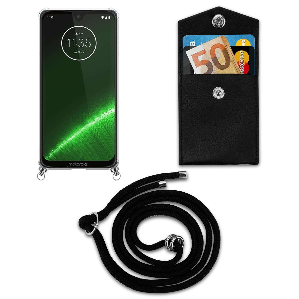 Telefon in einer transparenten Hülle mit Lanyard und Tasche mit Karten. Text: Motorola, 11:35, APR 3.