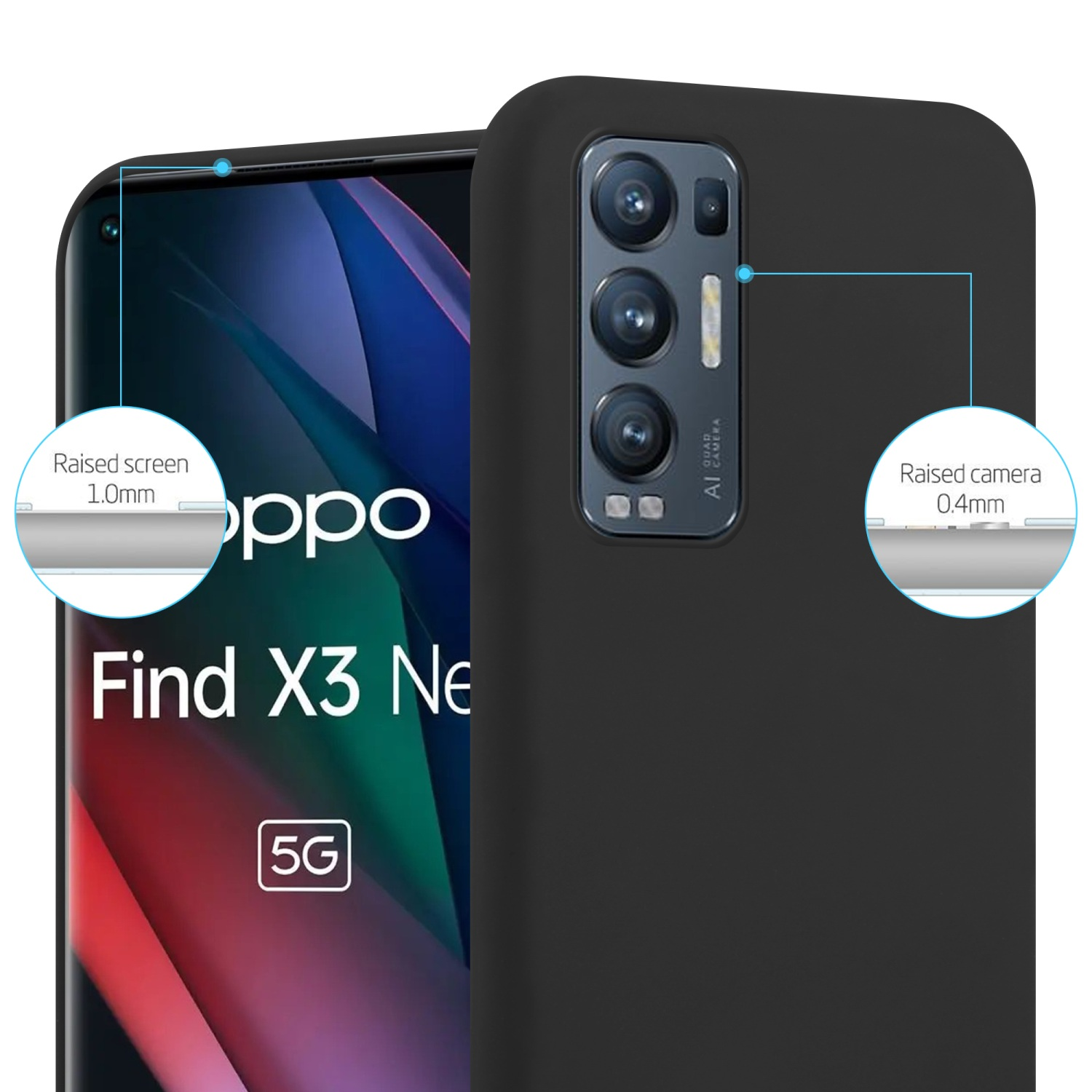 Eine schwarze Handyhülle wird auf einem Telefon gezeigt. Das Gehäuse hat erhöhte Kanten um Bildschirm und Kamera.