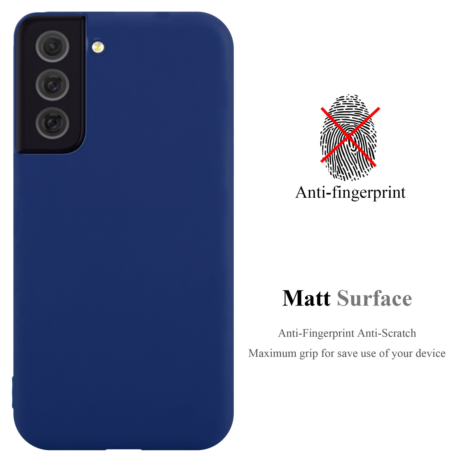 Eine dunkelblaue Handyhülle mit drei Kameras und dem Text 'Anti-Fingerprint' und 'Matt Surface'.