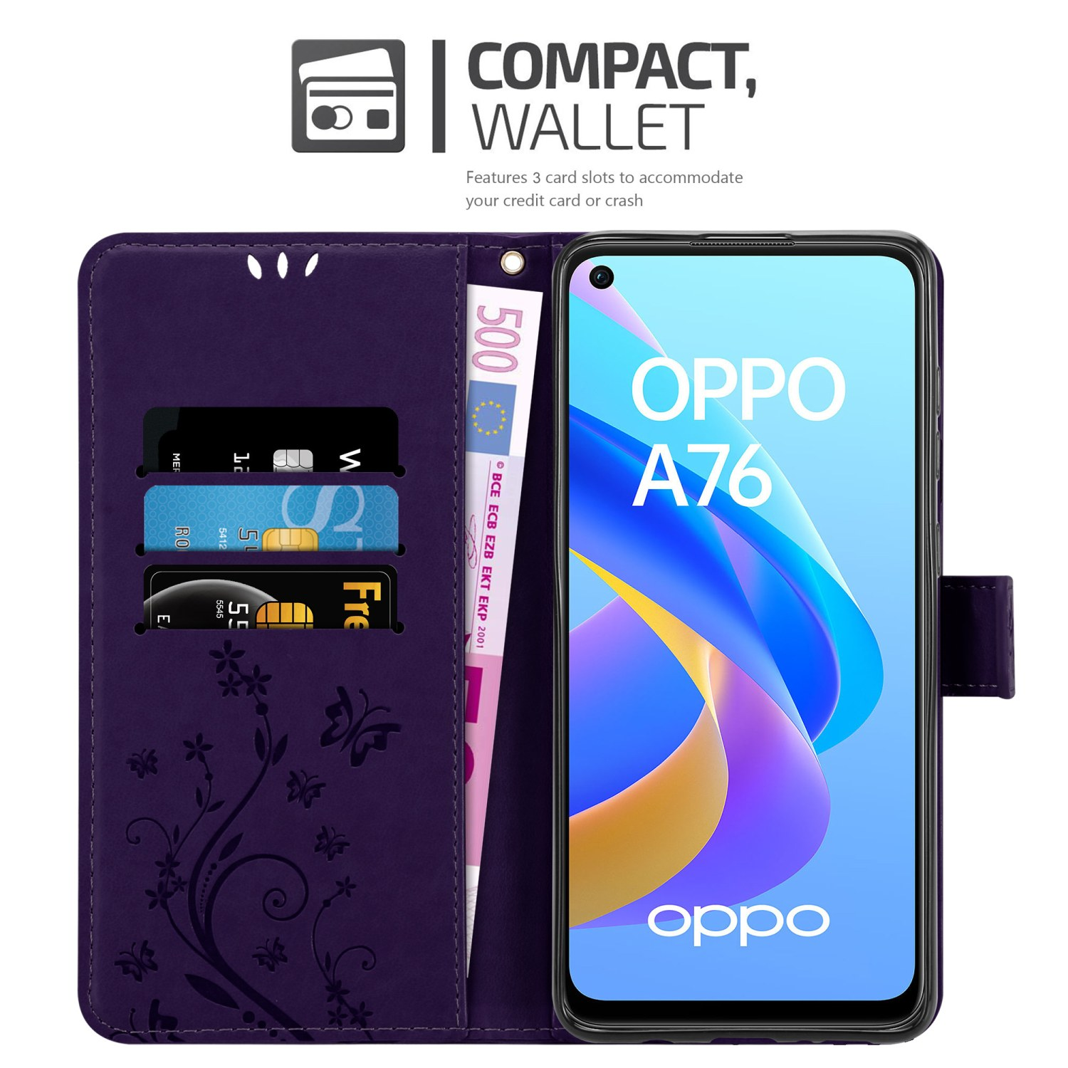 Custodia a portafoglio viola con telefono, carte di credito e banconota da 500 euro.