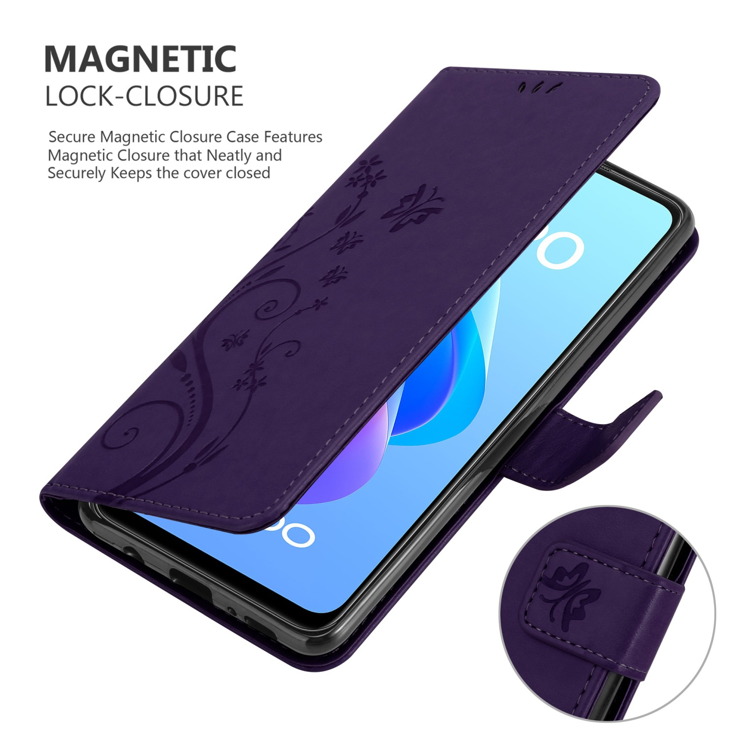 Una custodia per telefono viola con un design floreale e chiusura magnetica.