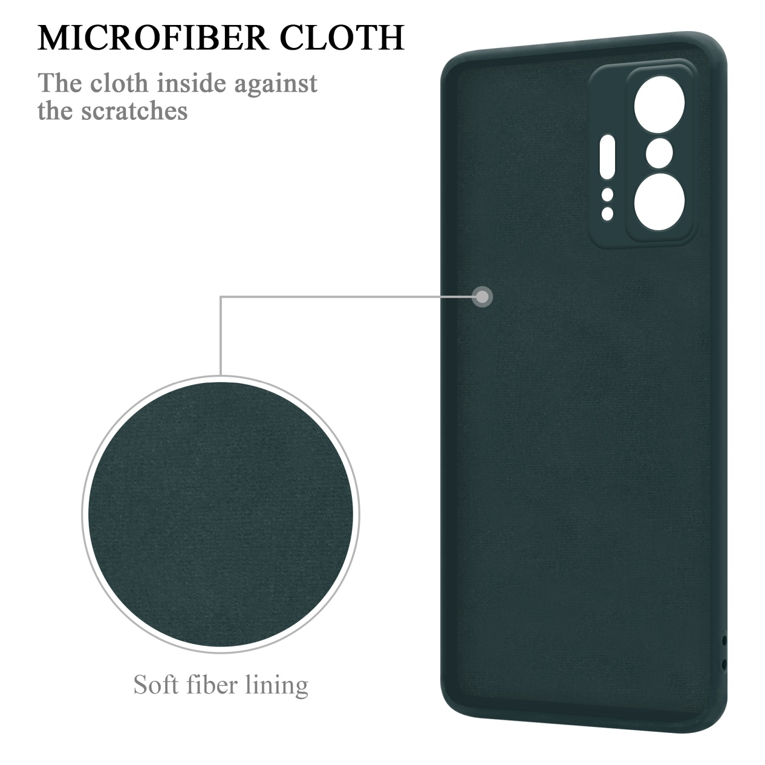 Una custodia per telefono verde scuro con un primo piano che mostra una morbida fodera in fibra. L'etichetta dice panno in microfibra.