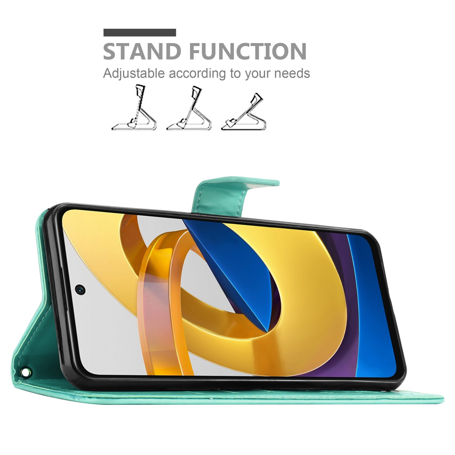 Telefono in una custodia verde, appoggiato. Testo: Funzione stand, regolabile.
