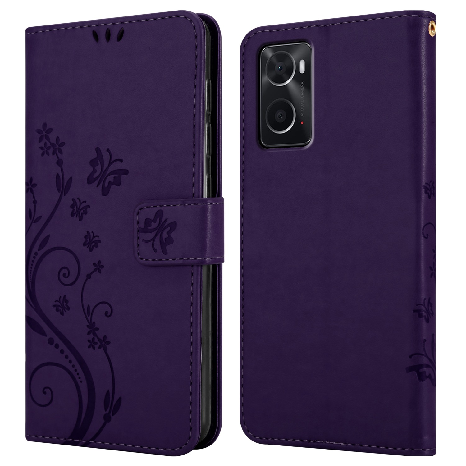 Custodia per telefono viola con design floreale. Telefono visibile all'interno. Aperta su sfondo bianco.