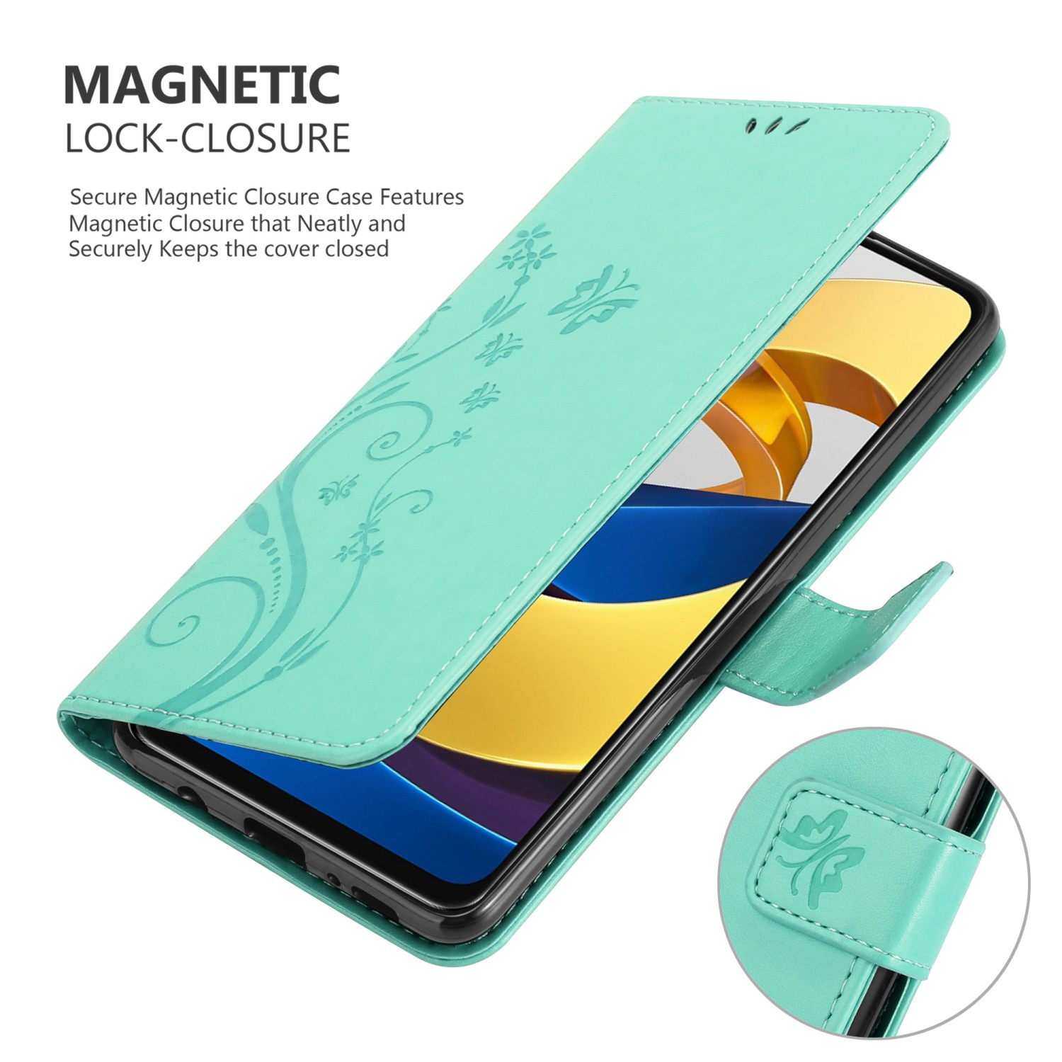 Custodia verde menta, aperta, che rivela un telefono all'interno. La custodia ha un design floreale e chiusura magnetica.