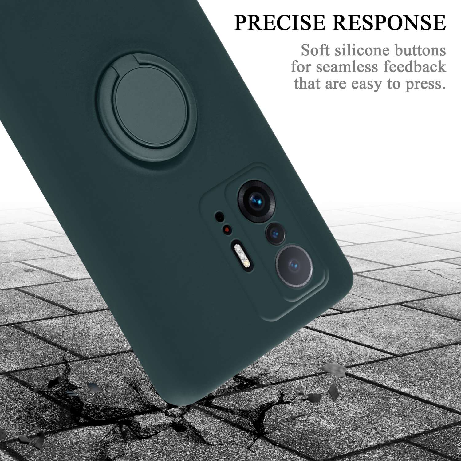 Custodia verde, angolata, su superficie crepata. Testo: 'PRECISE RESPONSE'.