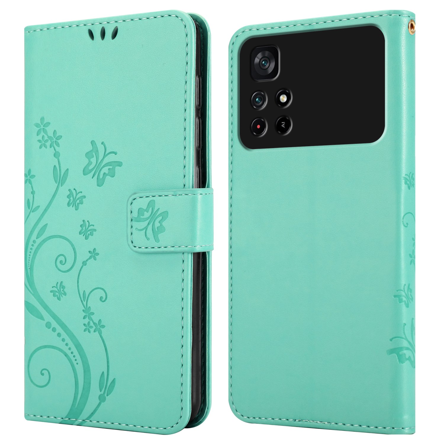 Portafoglio verde aperto, che mostra il telefono. Design floreale. Testo sulla custodia.