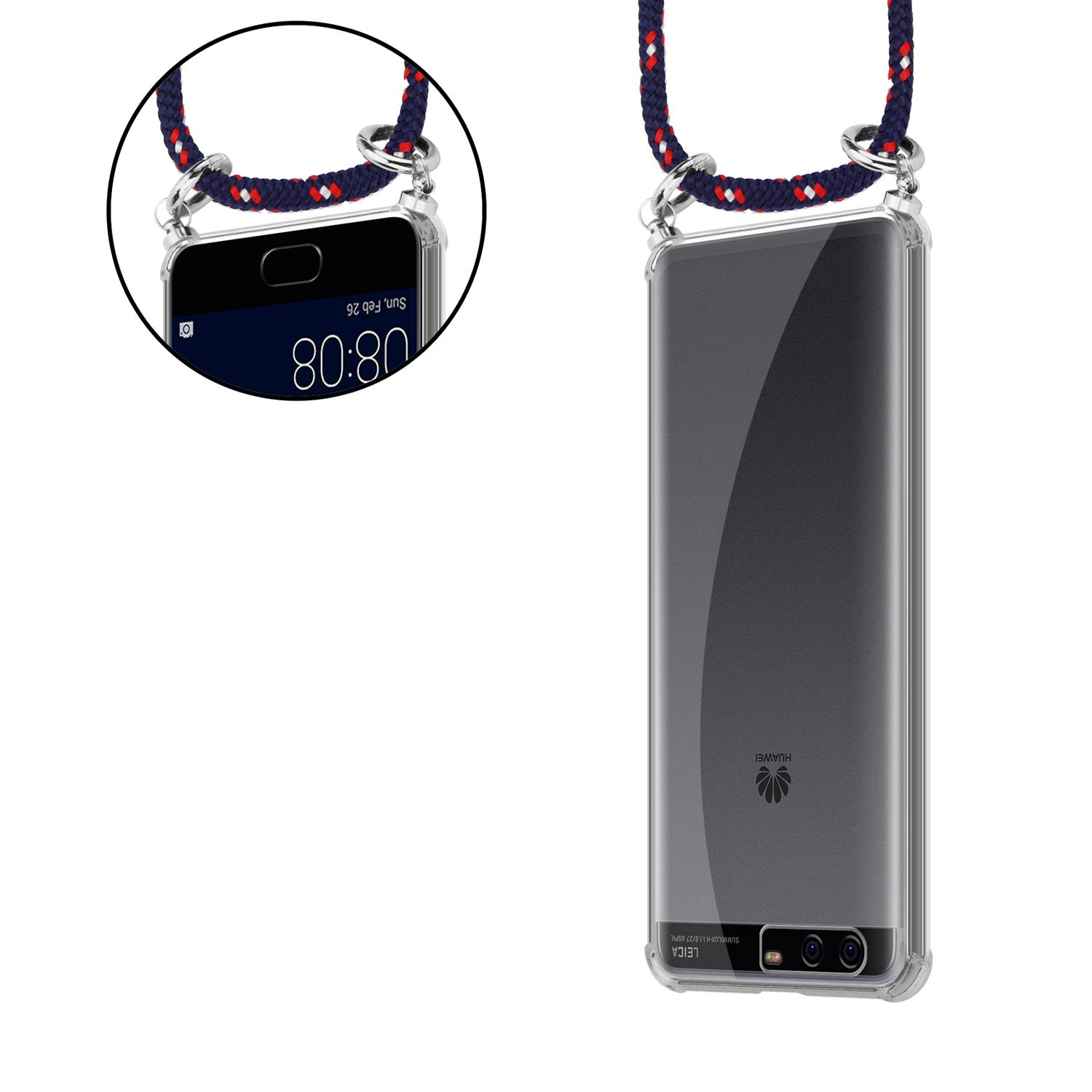 Ein Telefon mit einem angebrachten Lanyard. Das Telefon befindet sich in einer transparenten Hülle und zeigt die Rückseite.