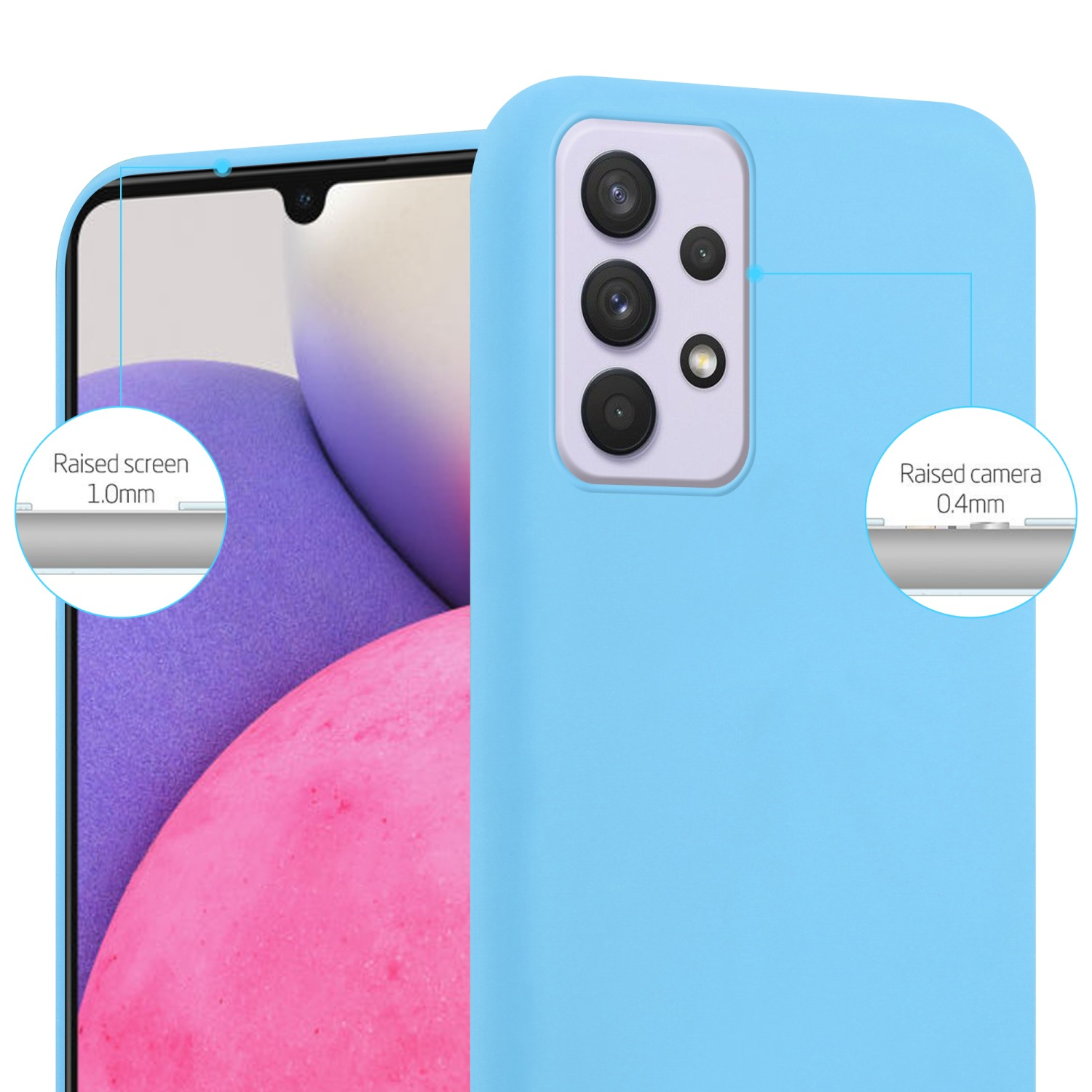 Custodia per telefono azzurra con misure di schermo rialzato e protezione della fotocamera.