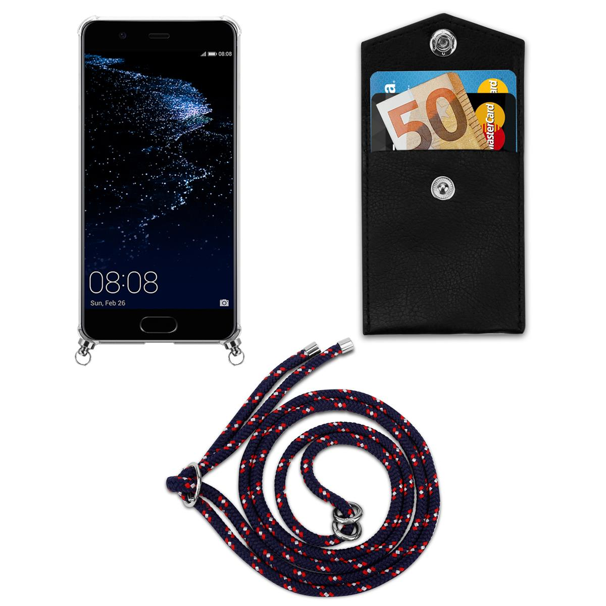 Schwarzes Telefon mit Uhrzeit. Schwarzes Portemonnaie mit Geld und Kordel mit roten und weißen Details.