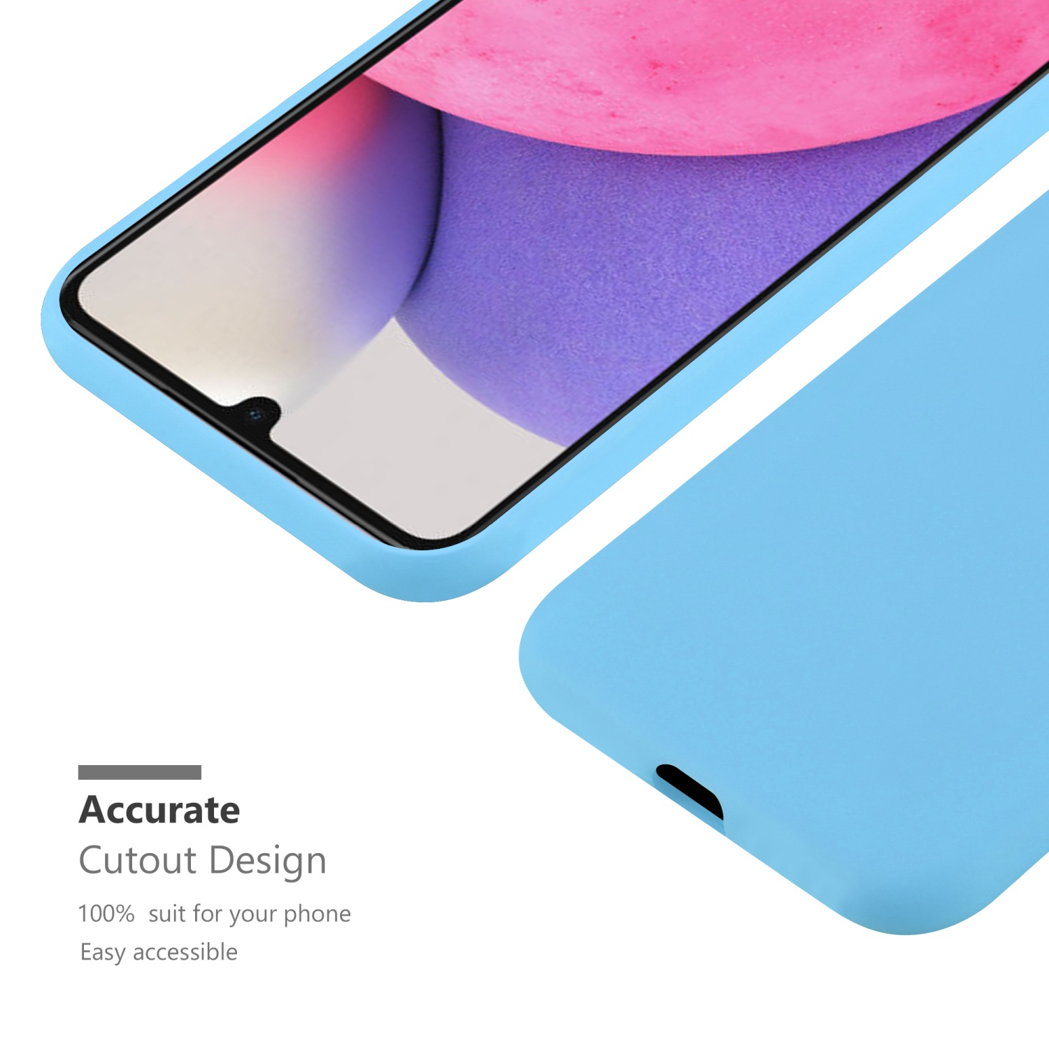 Custodia per telefono azzurra. Schermo del telefono con sfondo rosa. Design ritagliato evidenziato.