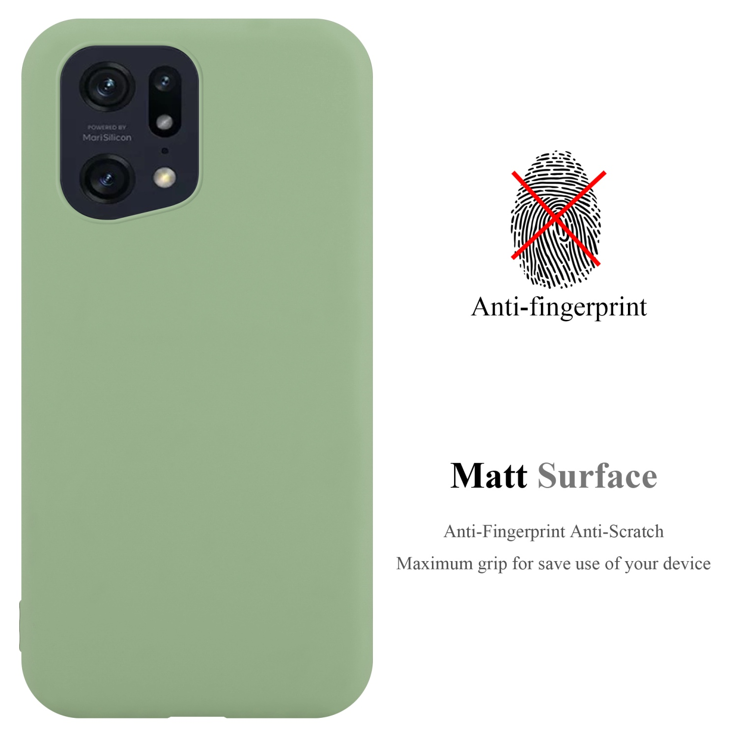 Una funda de teléfono verde claro con superficie mate. La función anti-huellas se destaca con una X.