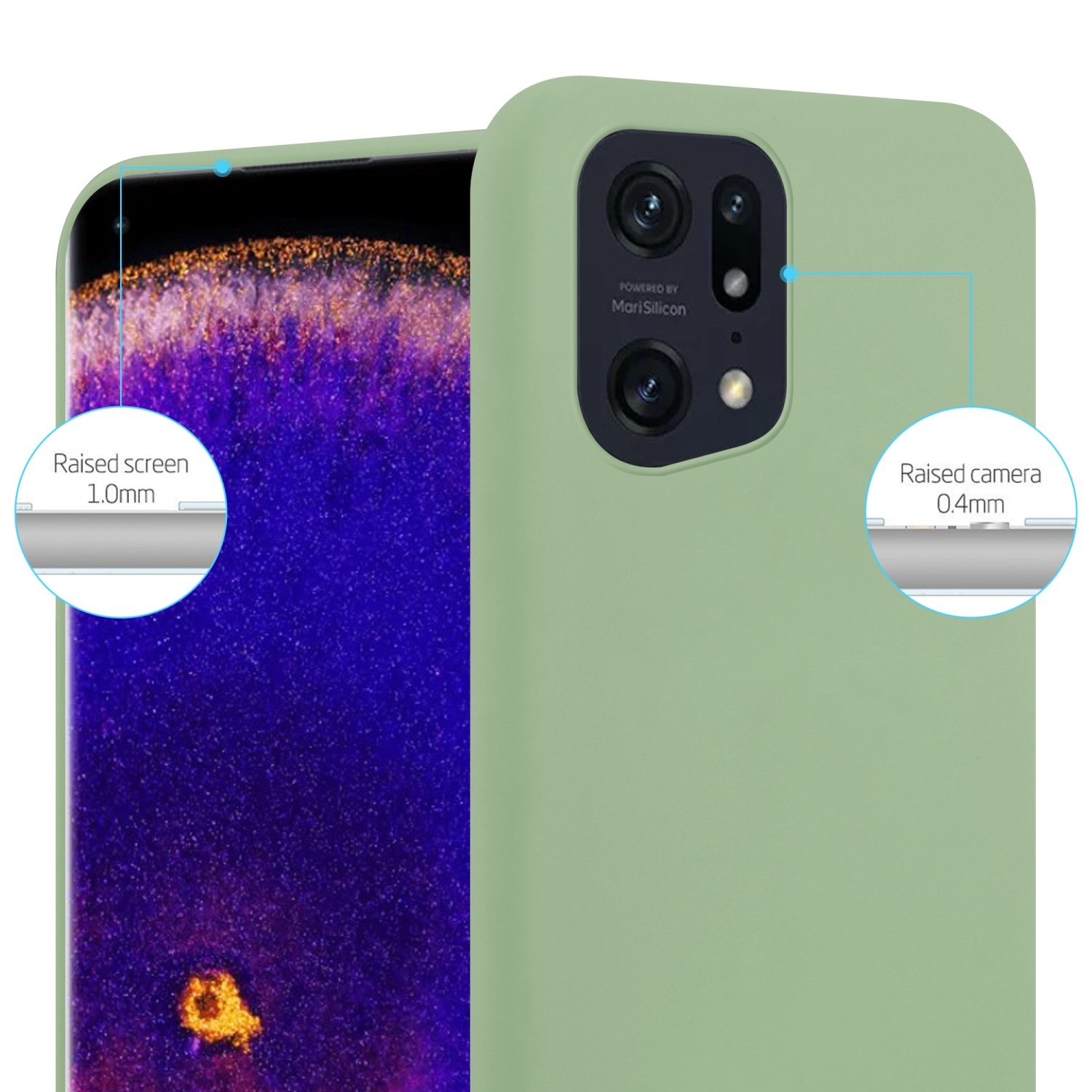 Funda verde para teléfono con protección de pantalla y cámara elevada. Diagramas muestran bordes elevados de 1,0 mm y 0,4 mm.