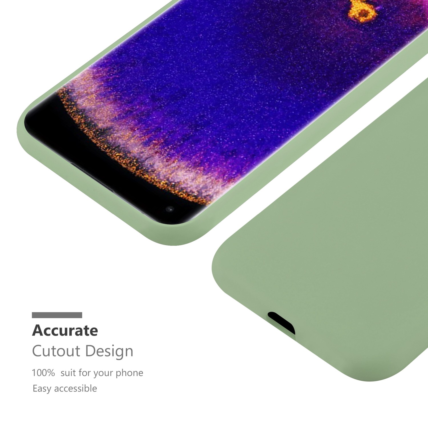 Se muestra una funda de teléfono en verde con el teléfono dentro, junto con un texto sobre diseño de corte preciso.