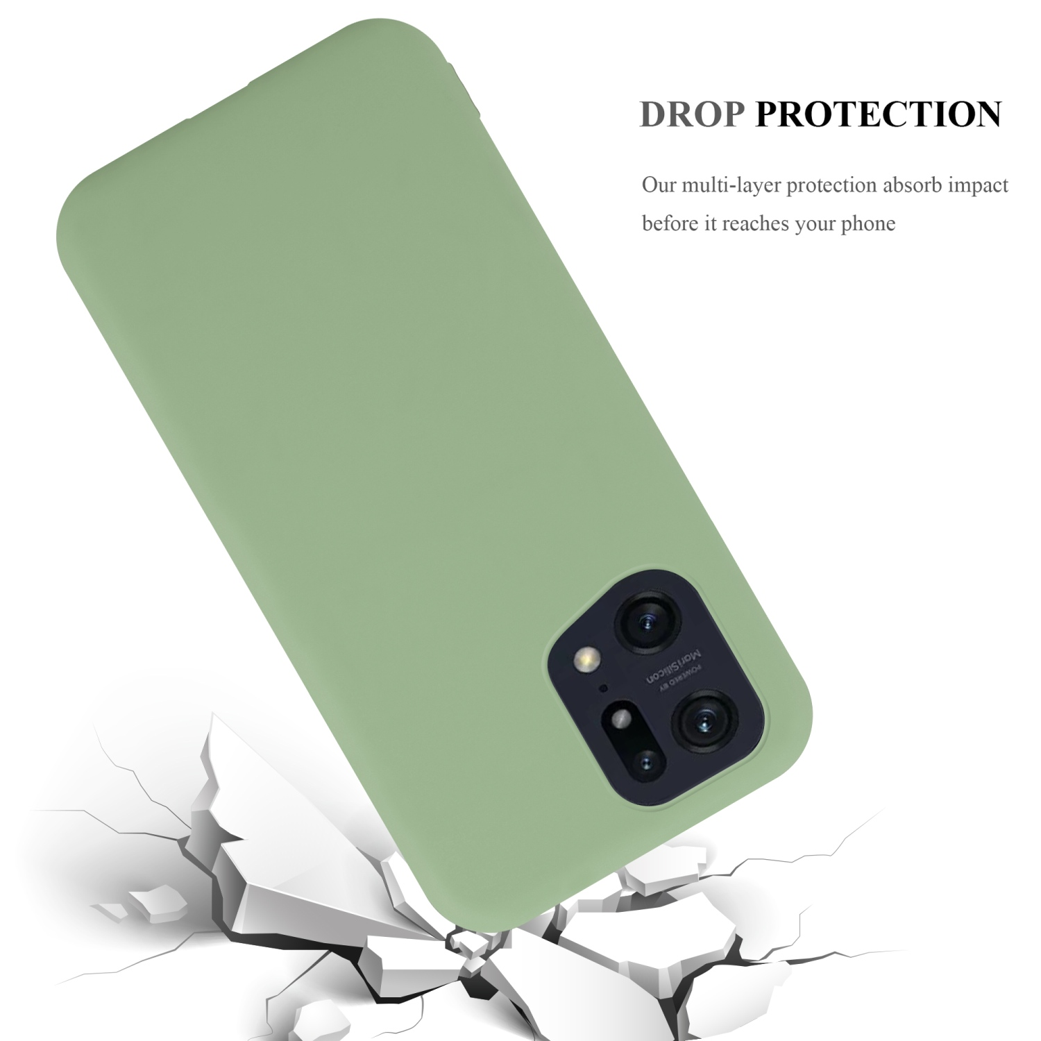 Funda de teléfono verde cayendo sobre una superficie agrietada. La funda está inclinada.