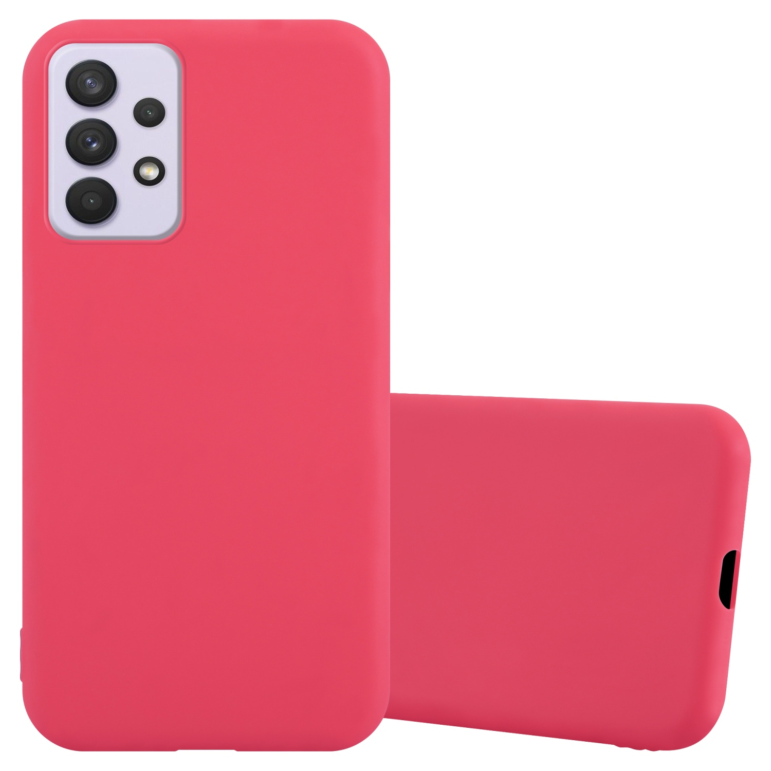 Custodia rossa per telefono con fori per fotocamera, per uno smartphone, su sfondo bianco.