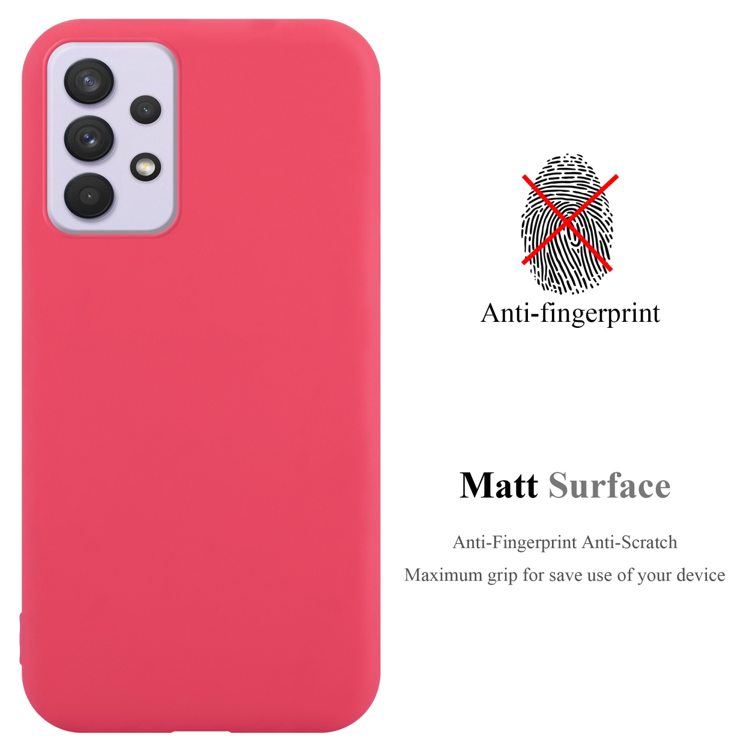 Custodia rosa per telefono. Anti-impronte, superficie opaca. Testo indica antigraffio e presa.