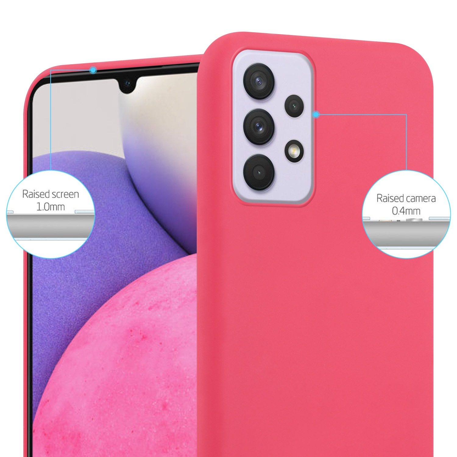 Custodia per telefono rosa con dettagli di fotocamera e schermo rialzati.