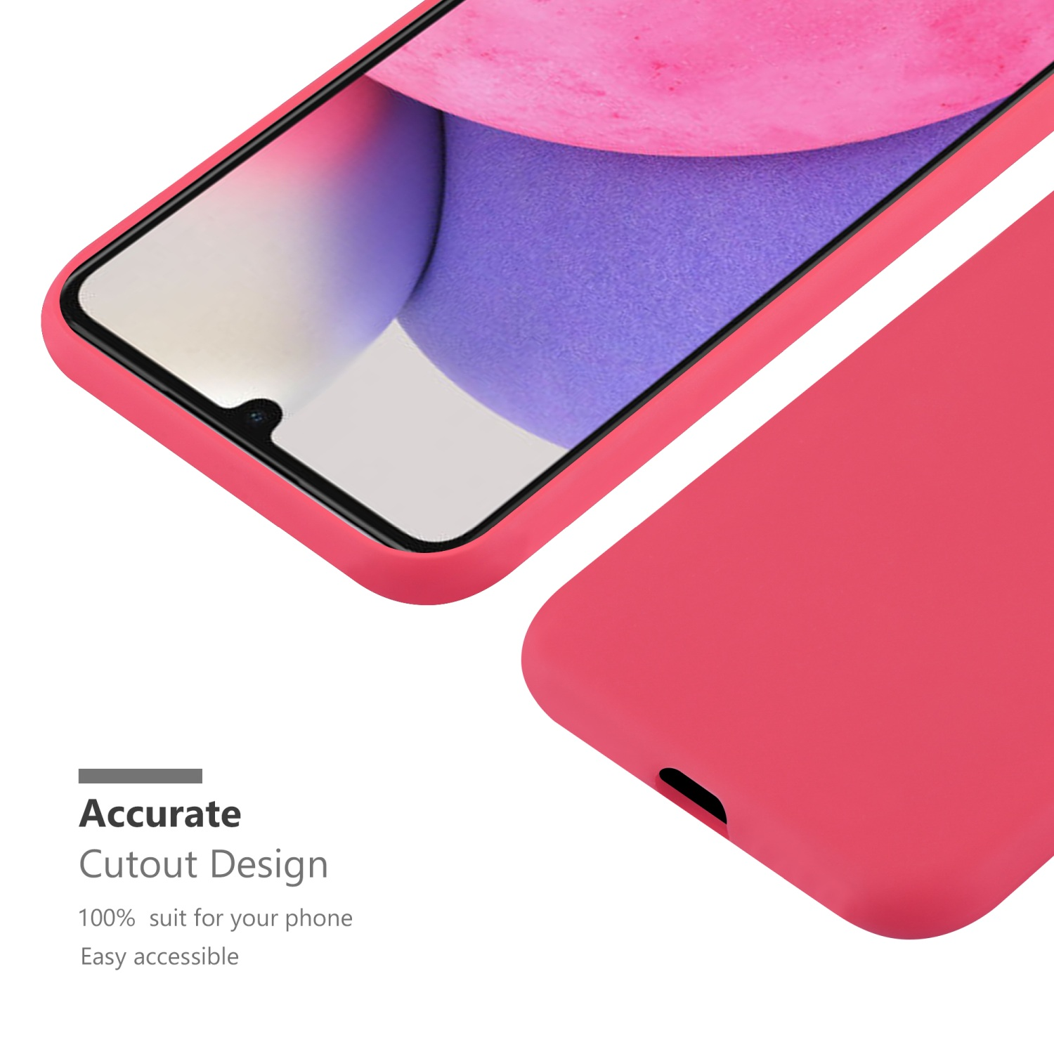 Custodia rosa per telefono con un telefono all'interno. Il telefono mostra uno sfondo rosa e viola sullo schermo.