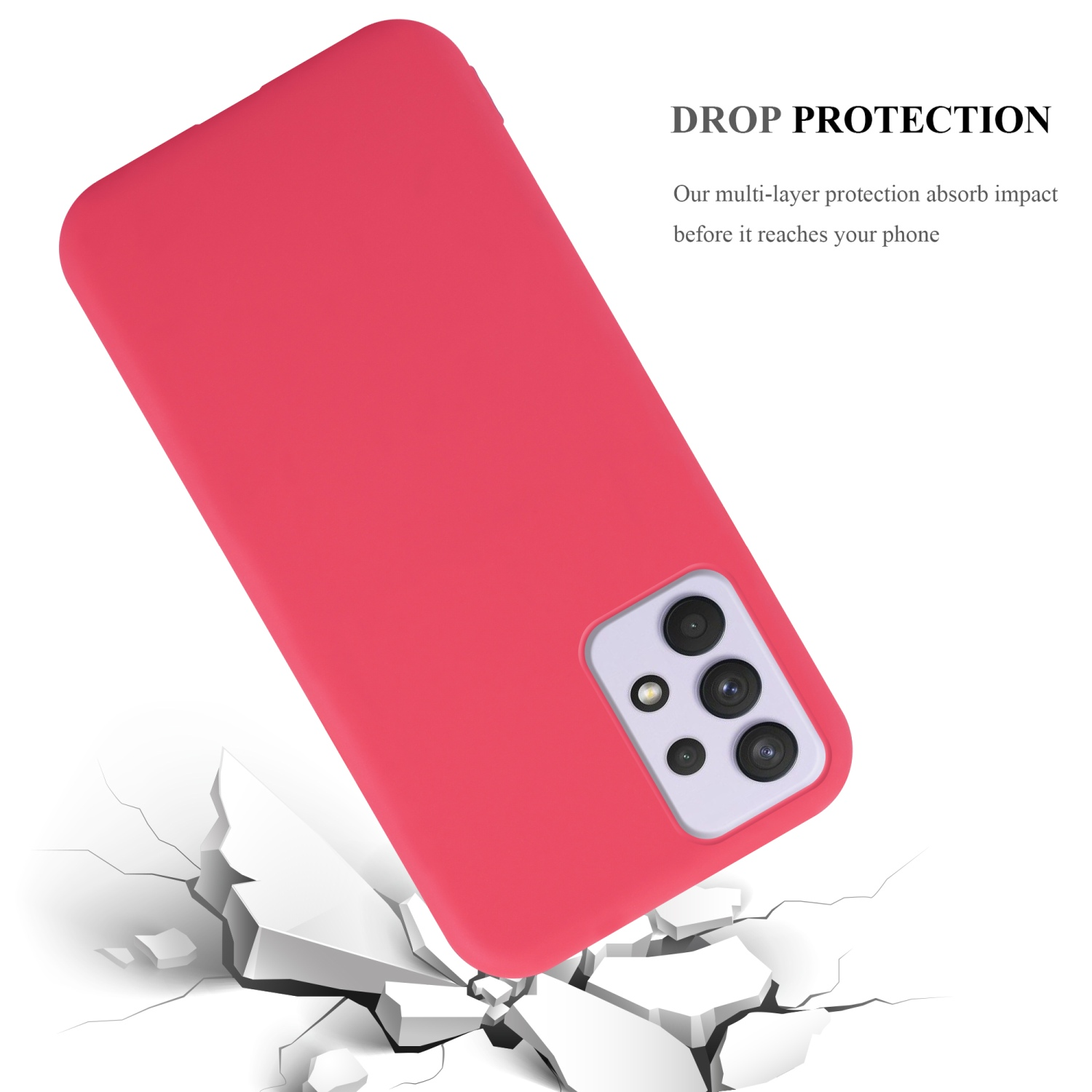 Custodia rossa per telefono e terreno rotto. Testo: 'DROP PROTECTION'. Immagine di una custodia per telefono che sta per toccare terra.