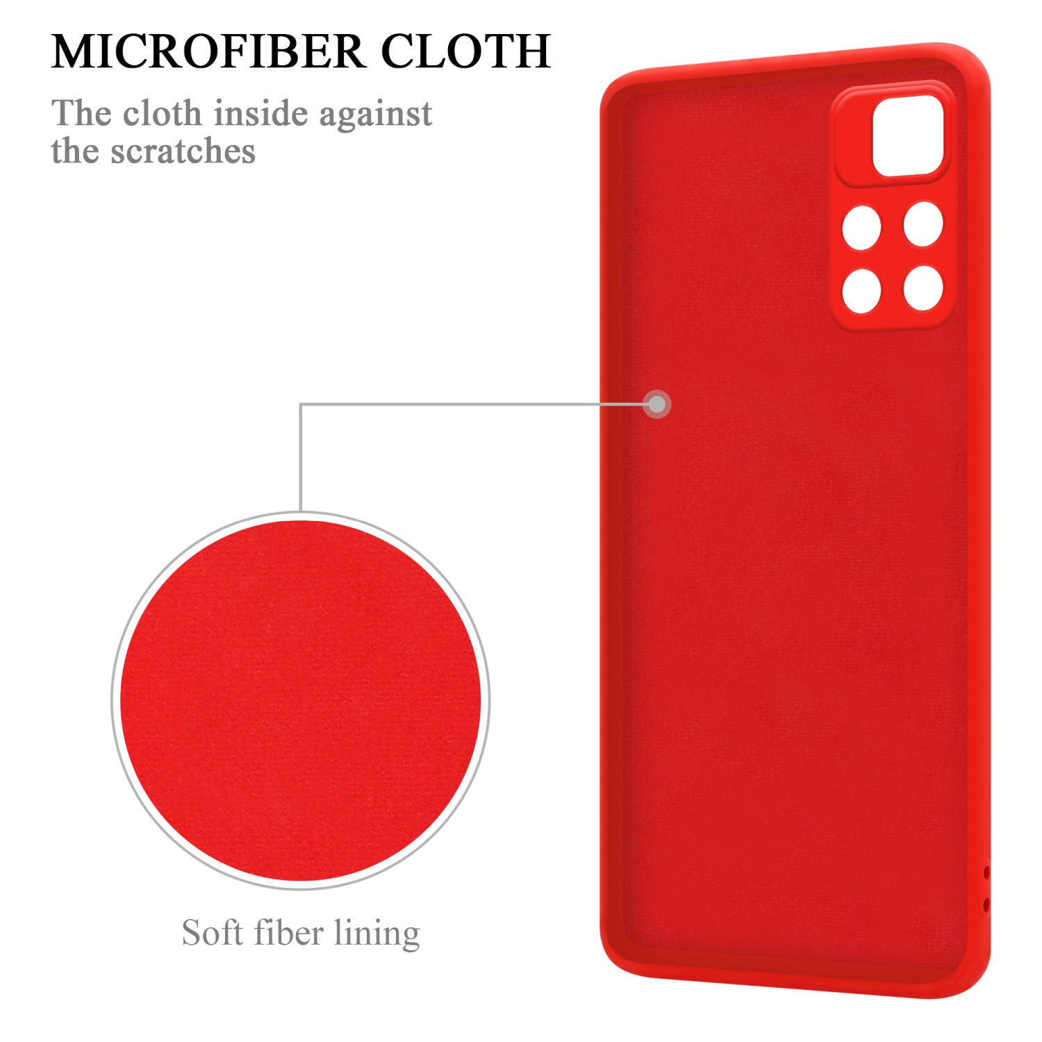 Una custodia per telefono rossa con un panno in microfibra all'interno. La morbida fodera in fibra protegge dai graffi.