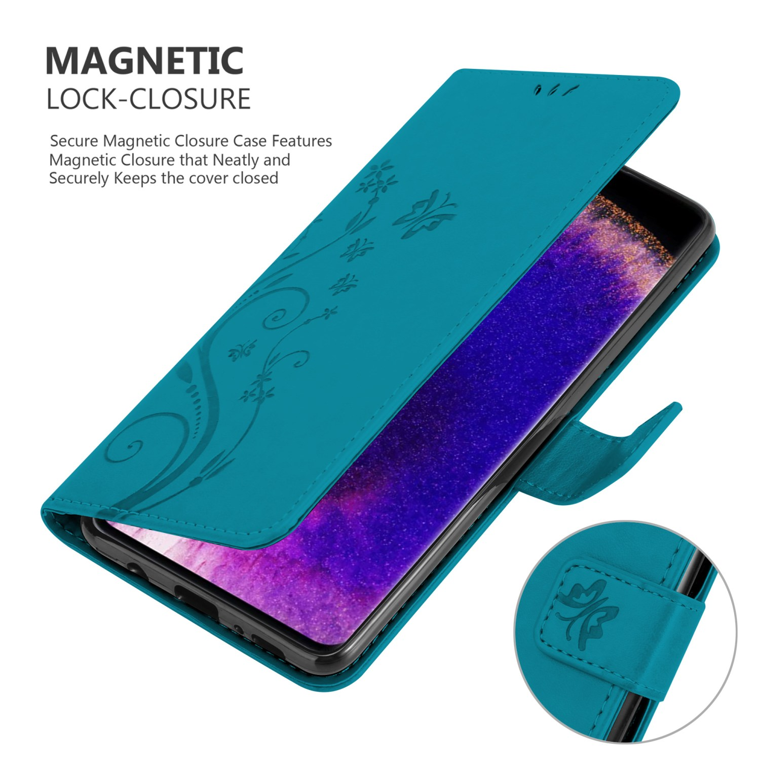 Custodia per telefono color teal con design floreale. Telefono all'interno, cover aperta, schermo visibile.