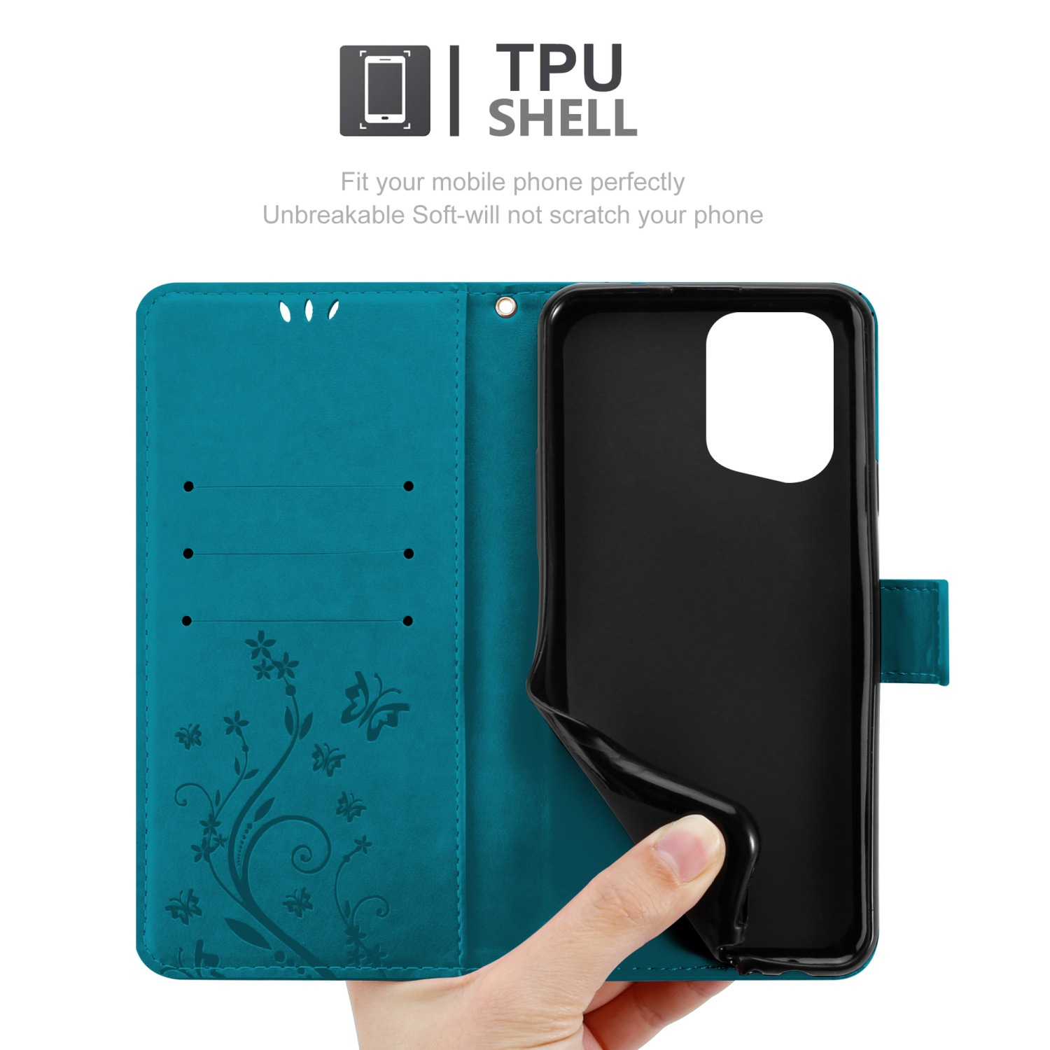 Una custodia per telefono verde acqua aperta con un telefono all'interno. Ha un design a guscio in TPU.
