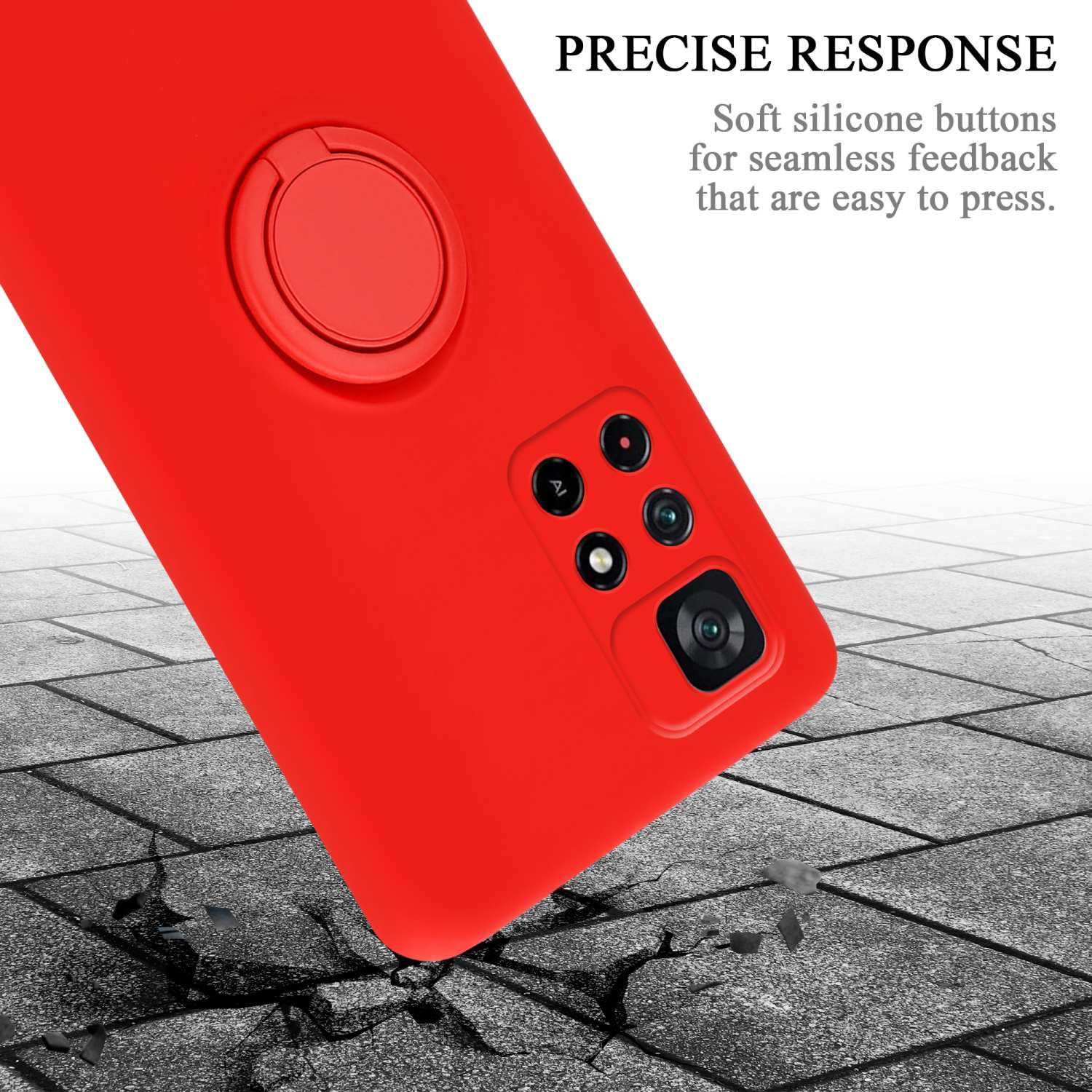 Custodia rossa per telefono, angolata, con effetto suolo grigio. Testo: Risposta precisa.