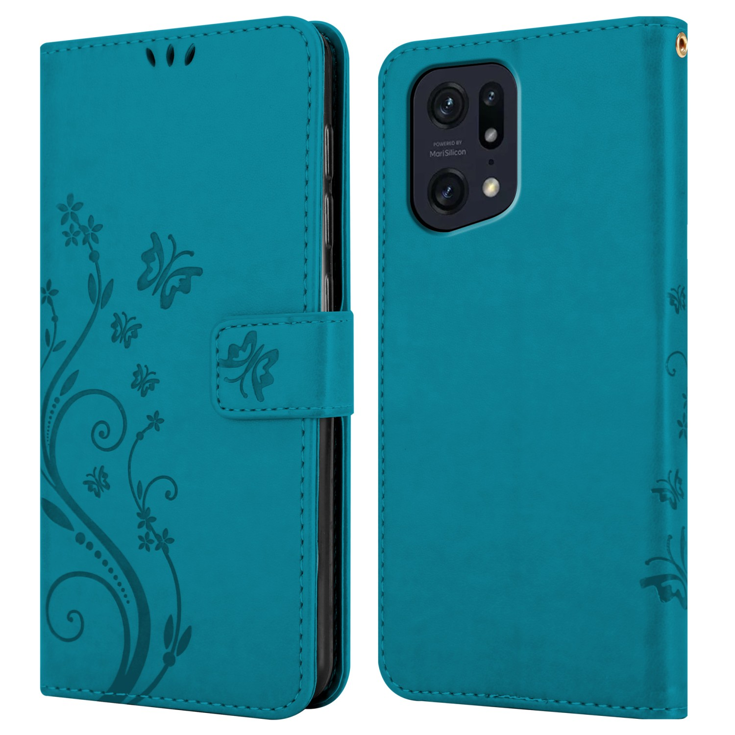 Custodia per telefono turchese, aperta. Design floreale sulla copertina anteriore. Il telefono è dentro. Dettagli farfalle e fiori.