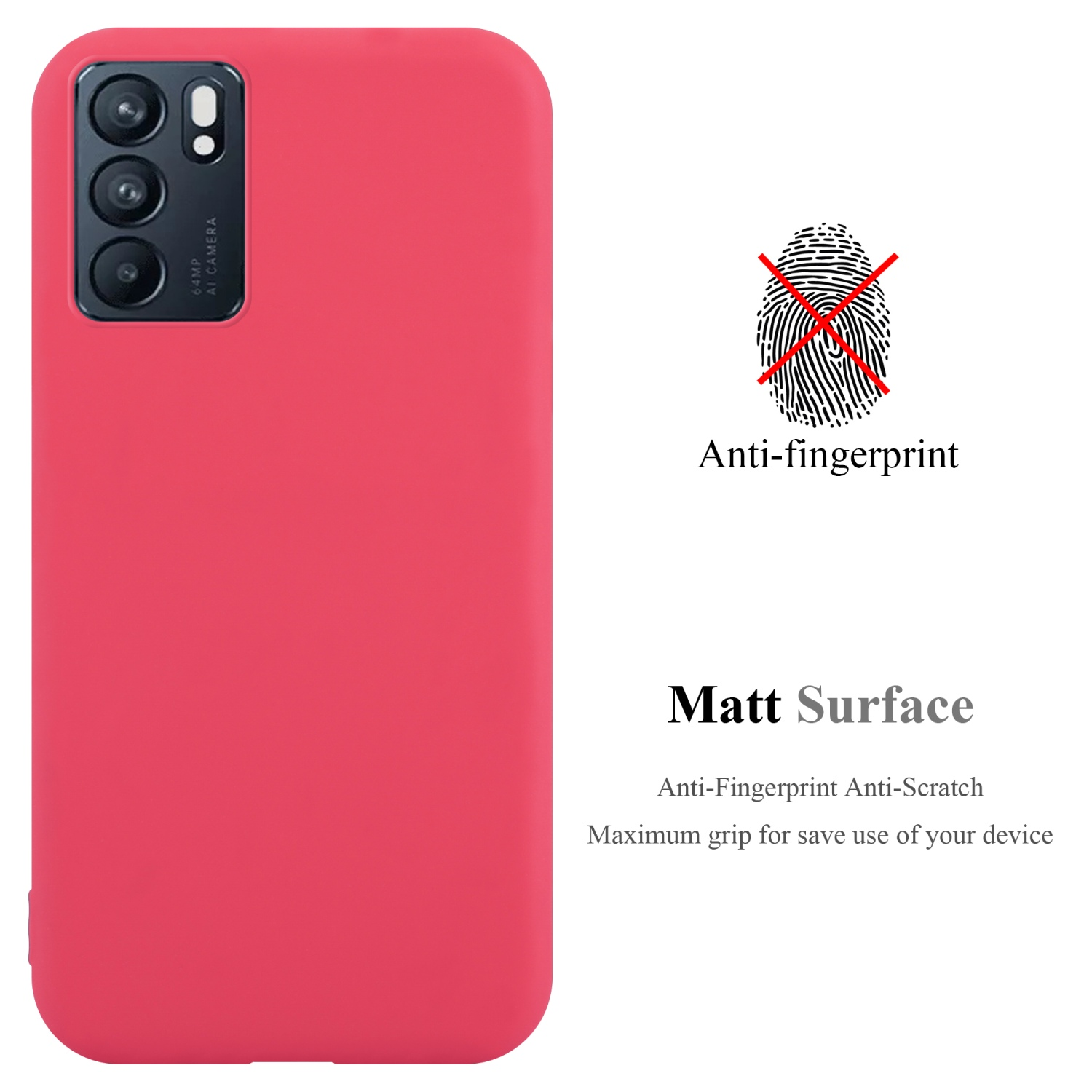 Rote Handyhülle mit Kameraausschnitt. Text erwähnt Anti-Fingerabdruck, matte Oberfläche.