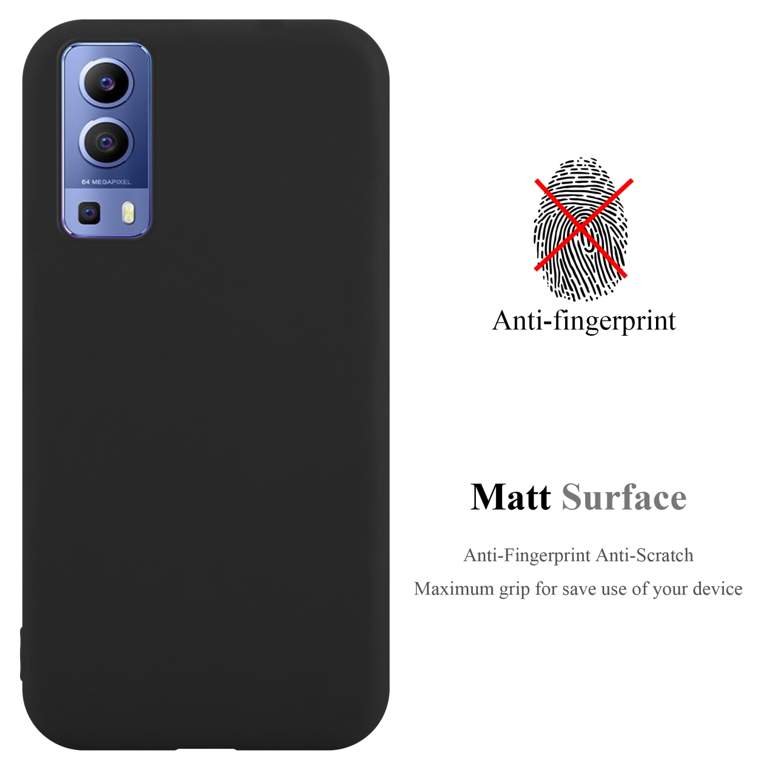 Una custodia nera per telefono con un telefono all'interno. Testo: Superficie opaca anti-impronta.