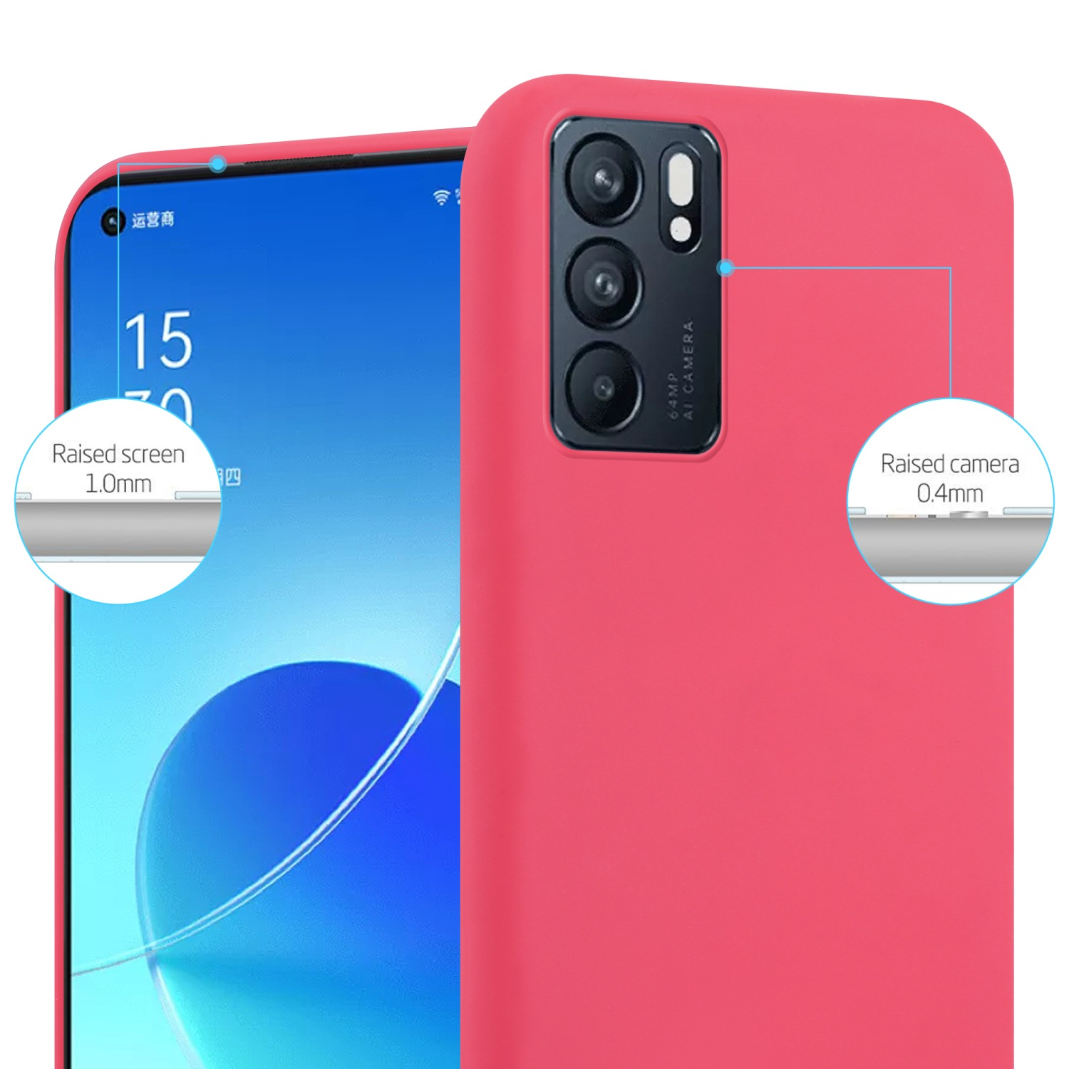 Eine rote Handyhülle mit einem Telefon darin. Die Hülle zeigt die Kamera- und Bildschirmschutzfunktionen.