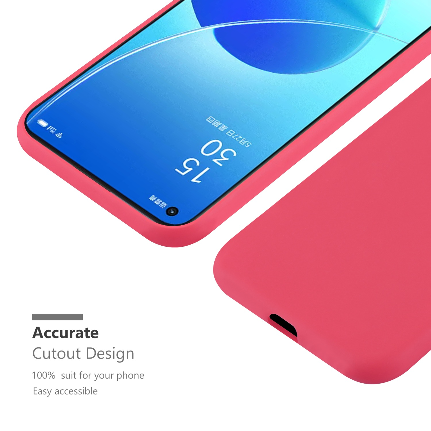 Rote Handyhülle mit Telefon darin. Text: 'Präzises Ausschnittdesign'. Der Telefonbildschirm ist blau.
