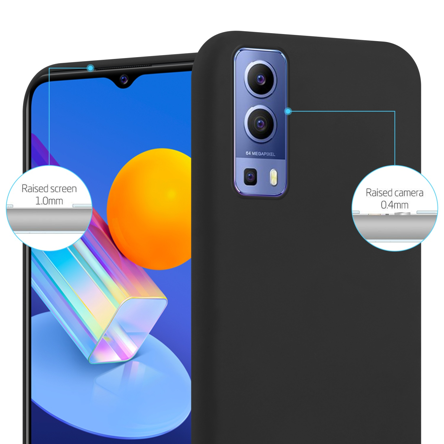 Custodia nera con telefono, dettagli della fotocamera visibili. Testo e cerchi evidenziano aree schermo e fotocamera rialzate.