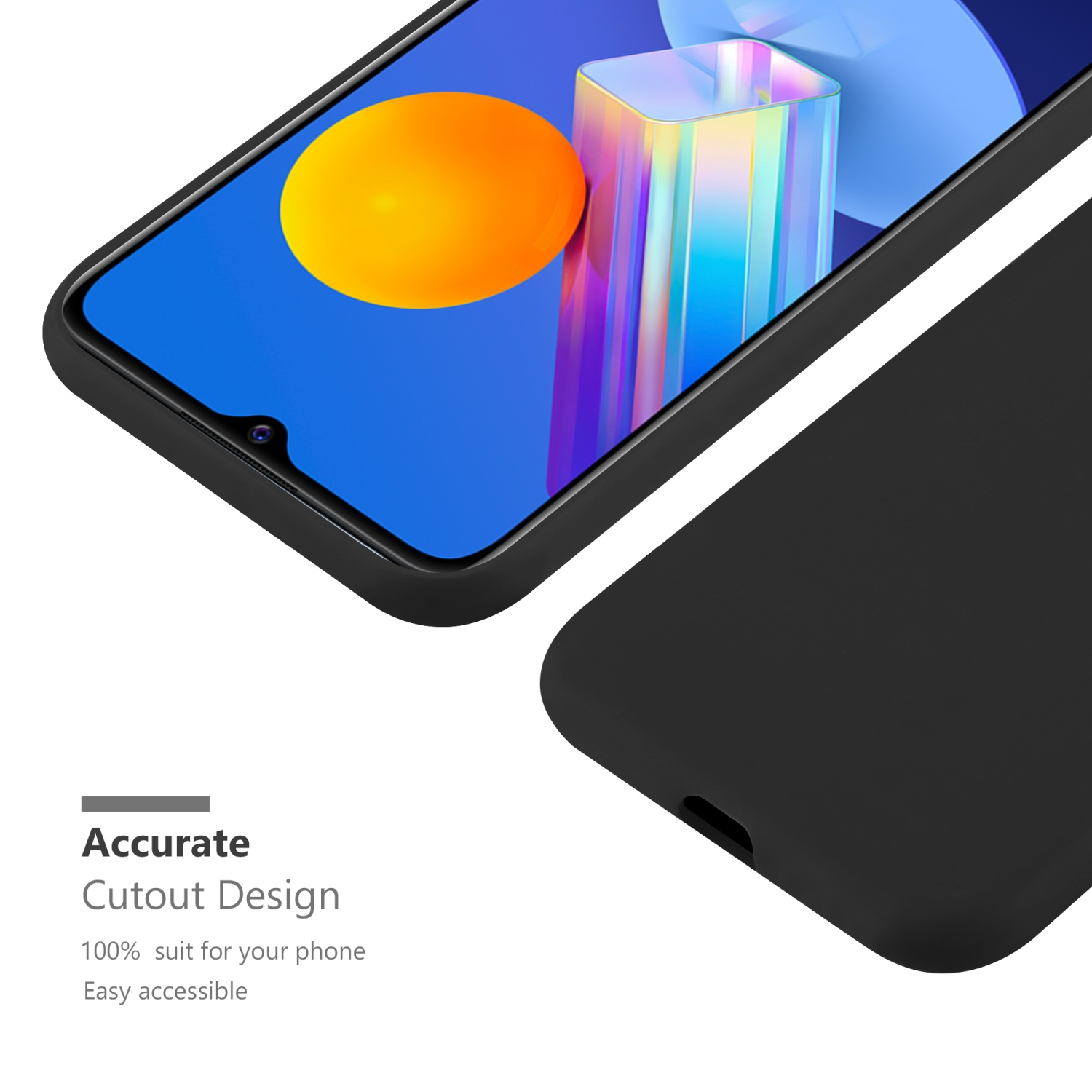 Custodia nera con telefono. Design preciso per facile accessibilità.