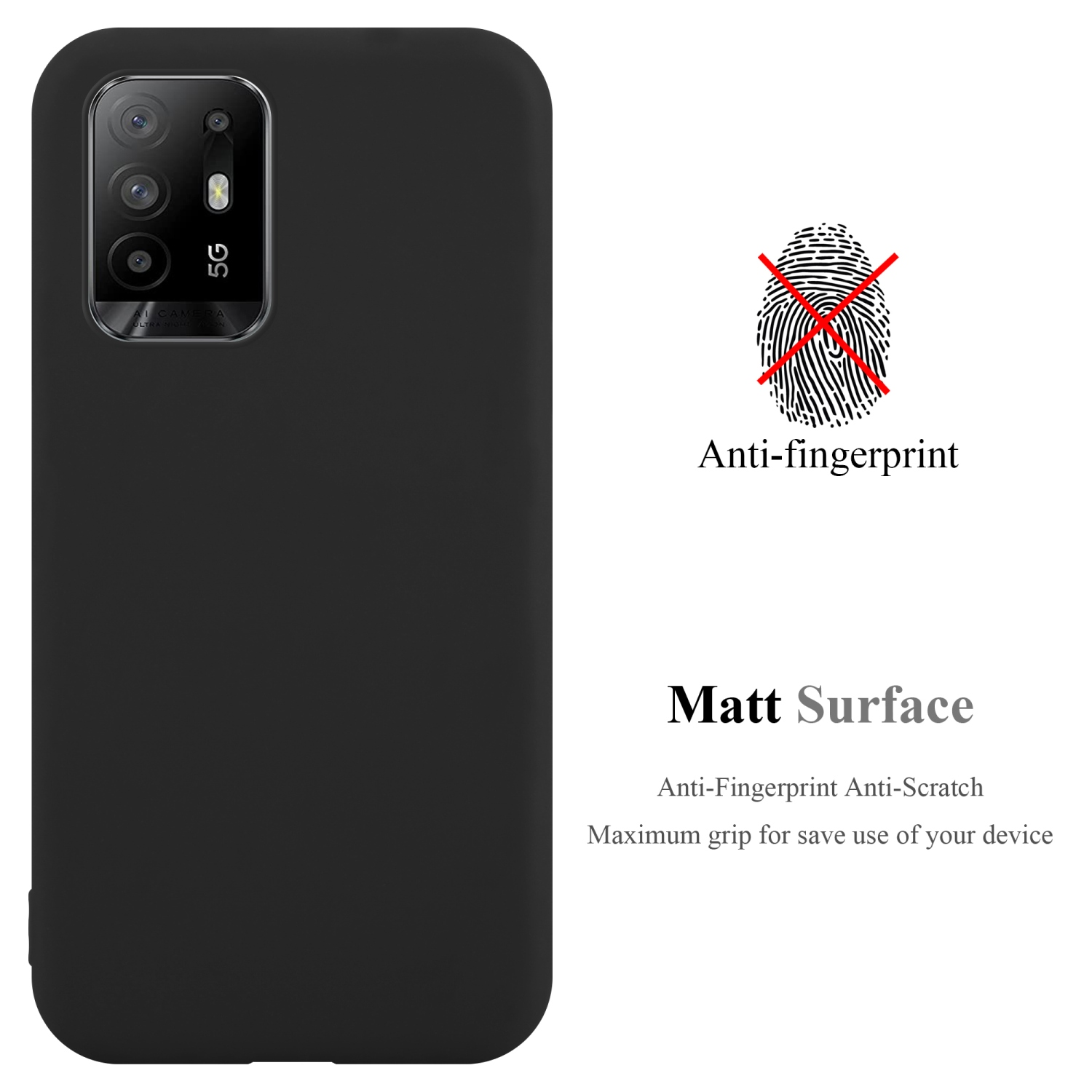 Eine schwarze Handyhülle, die die Rückseite eines Telefons zeigt, mit einem Anti-Fingerabdruck-Symbol.