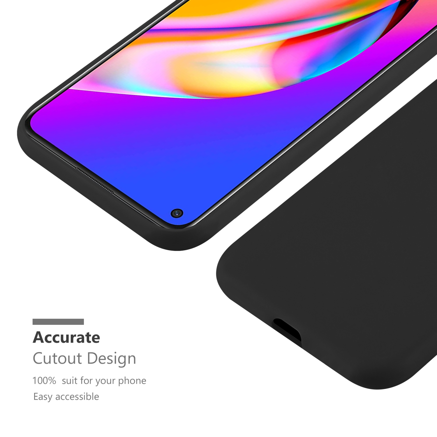 Schwarze Handyhülle. Telefon ist in der Hülle. Text lautet 'Accurate Cutout Design'.