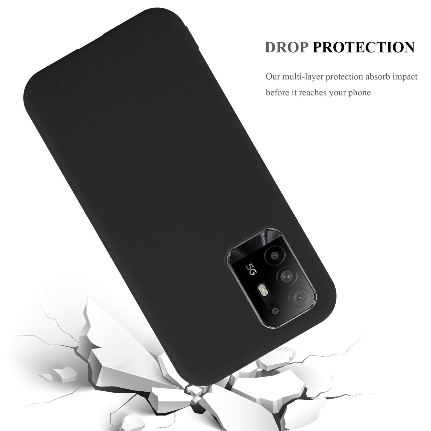 Schwarze Handyhülle auf Weiß. Das Telefon fällt, und der Boden bricht.