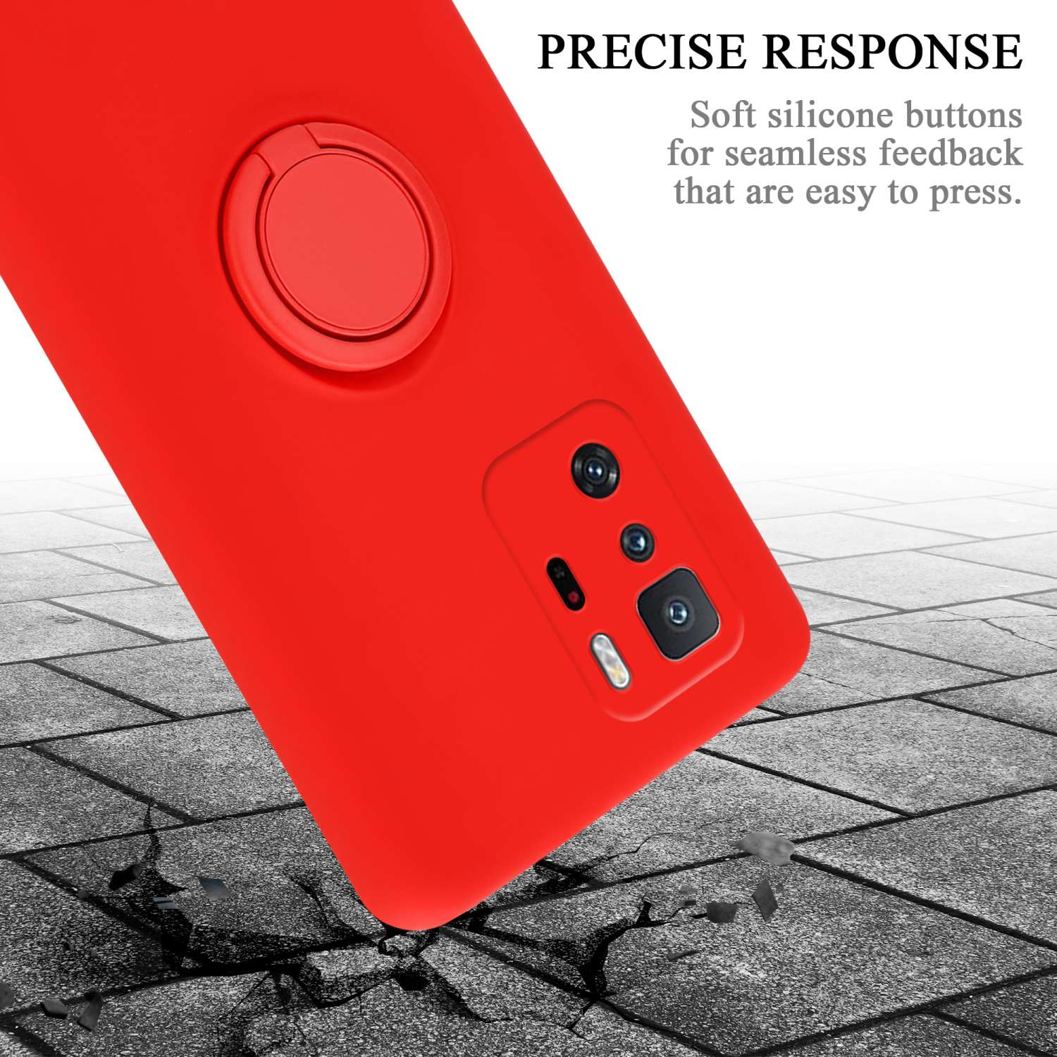 Custodia per telefono rossa con supporto ad anello. Su un terreno grigio strutturato con una leggera angolazione.