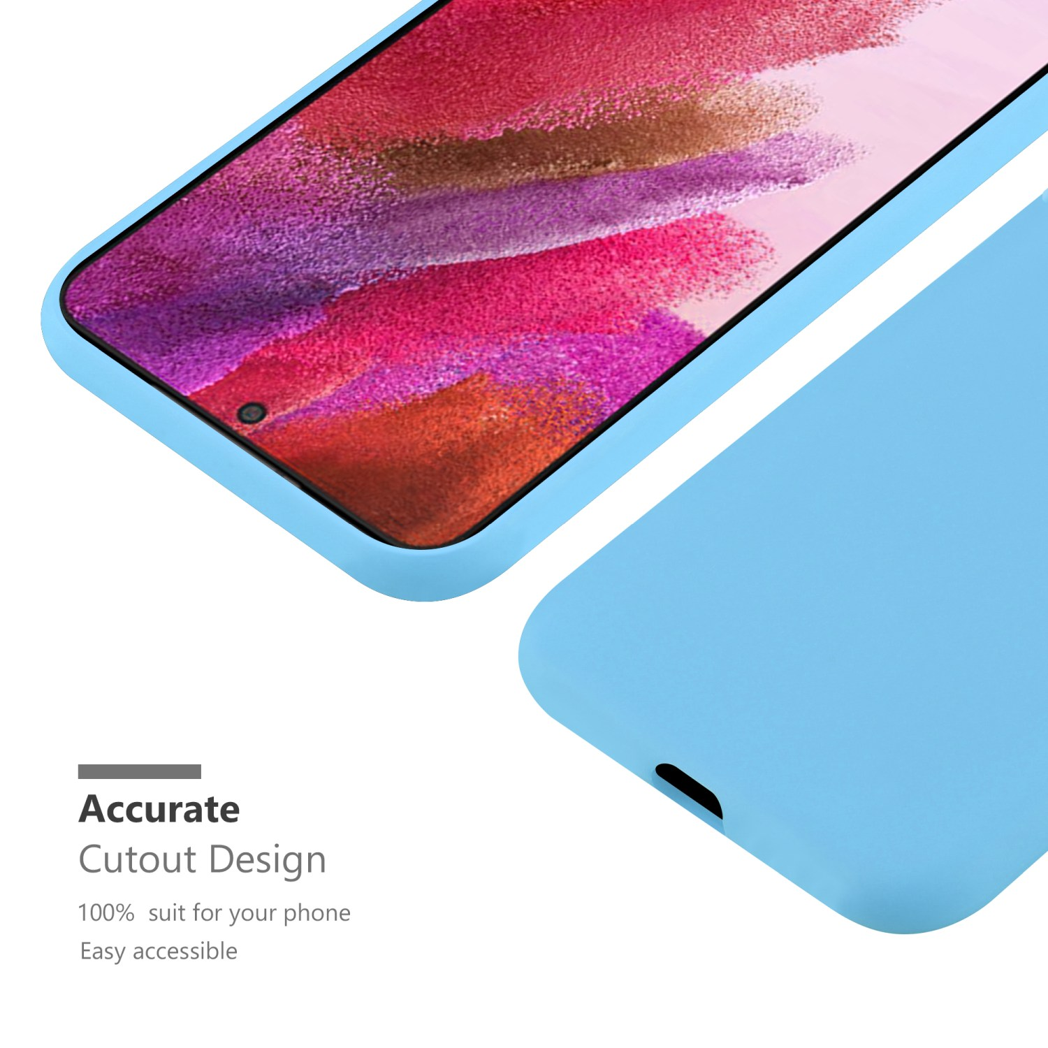 Blaue Handyhülle mit einem Telefon darin. Der Bildschirm des Telefons zeigt ein rot-braunes Muster.