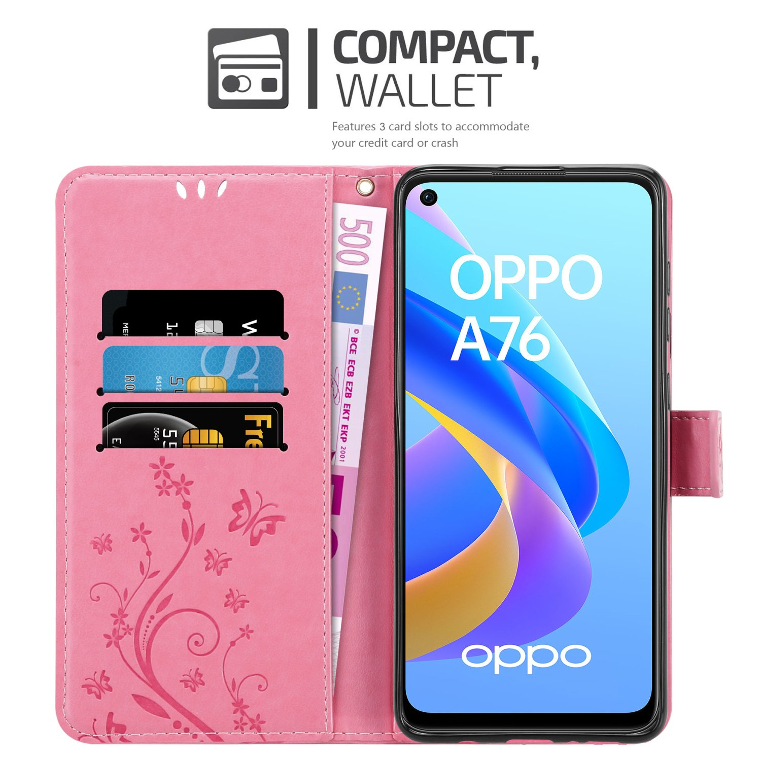 Custodia per telefono rosa con slot per carte, con carte e contanti. Include dettagli floreali, un telefono e testo del marchio.