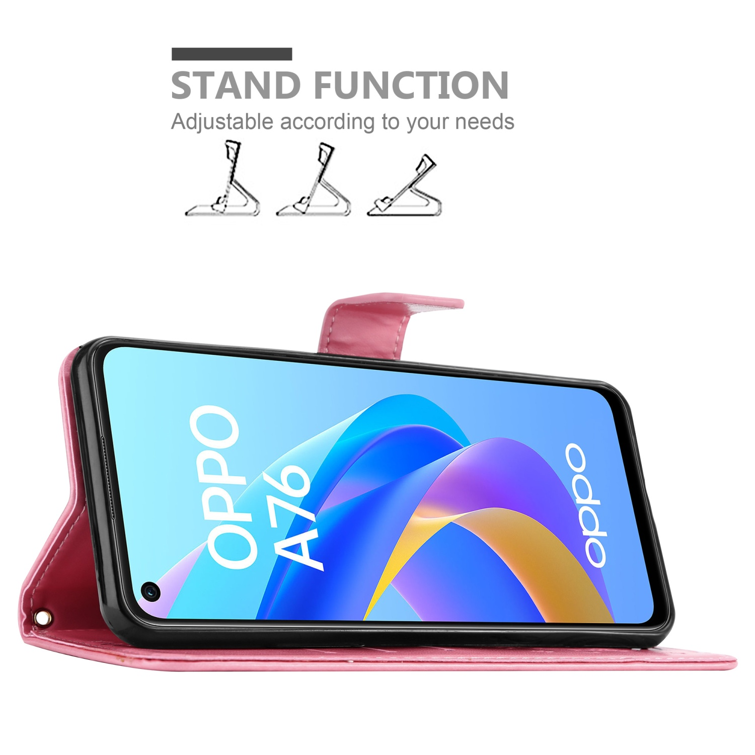 Custodia rosa aperta, angolata verso l'alto, con funzione supporto. Telefono: OPPO A76.