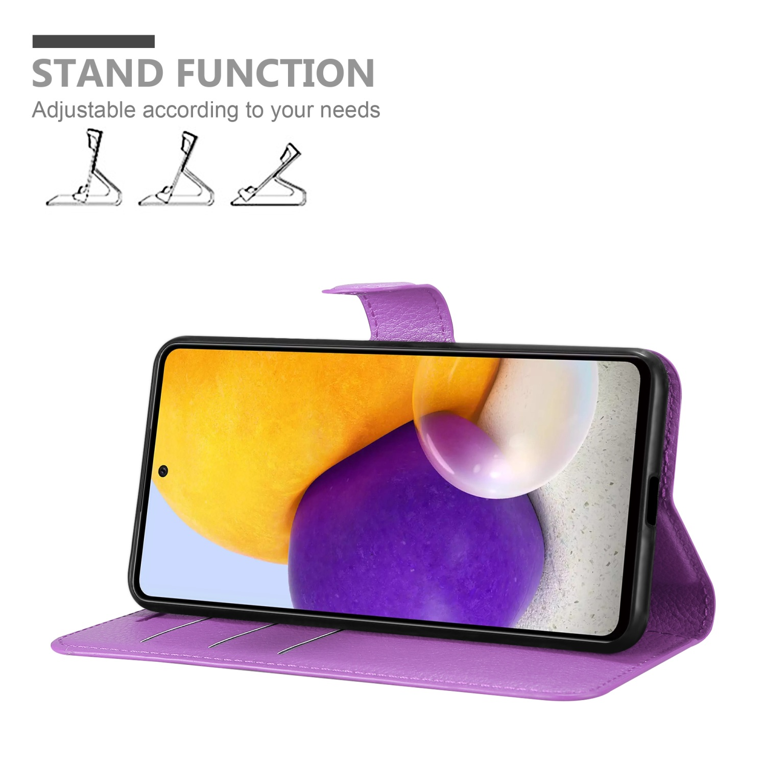 Custodia per telefono viola con telefono all'interno utilizzato come supporto, che mostra lo schermo.
