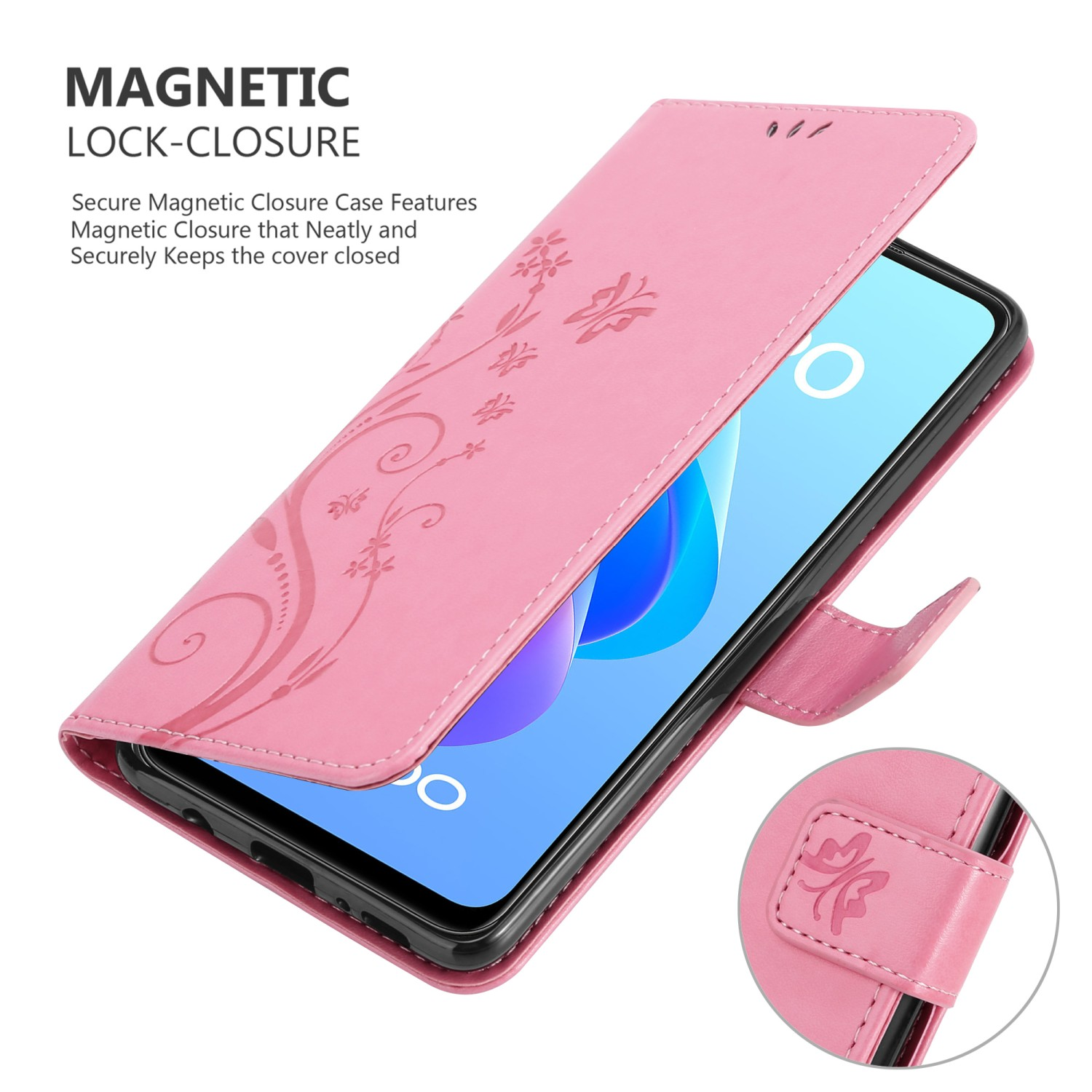 Una custodia rosa con un design floreale è aperta. Un telefono è all'interno. Una chiusura magnetica è visibile.