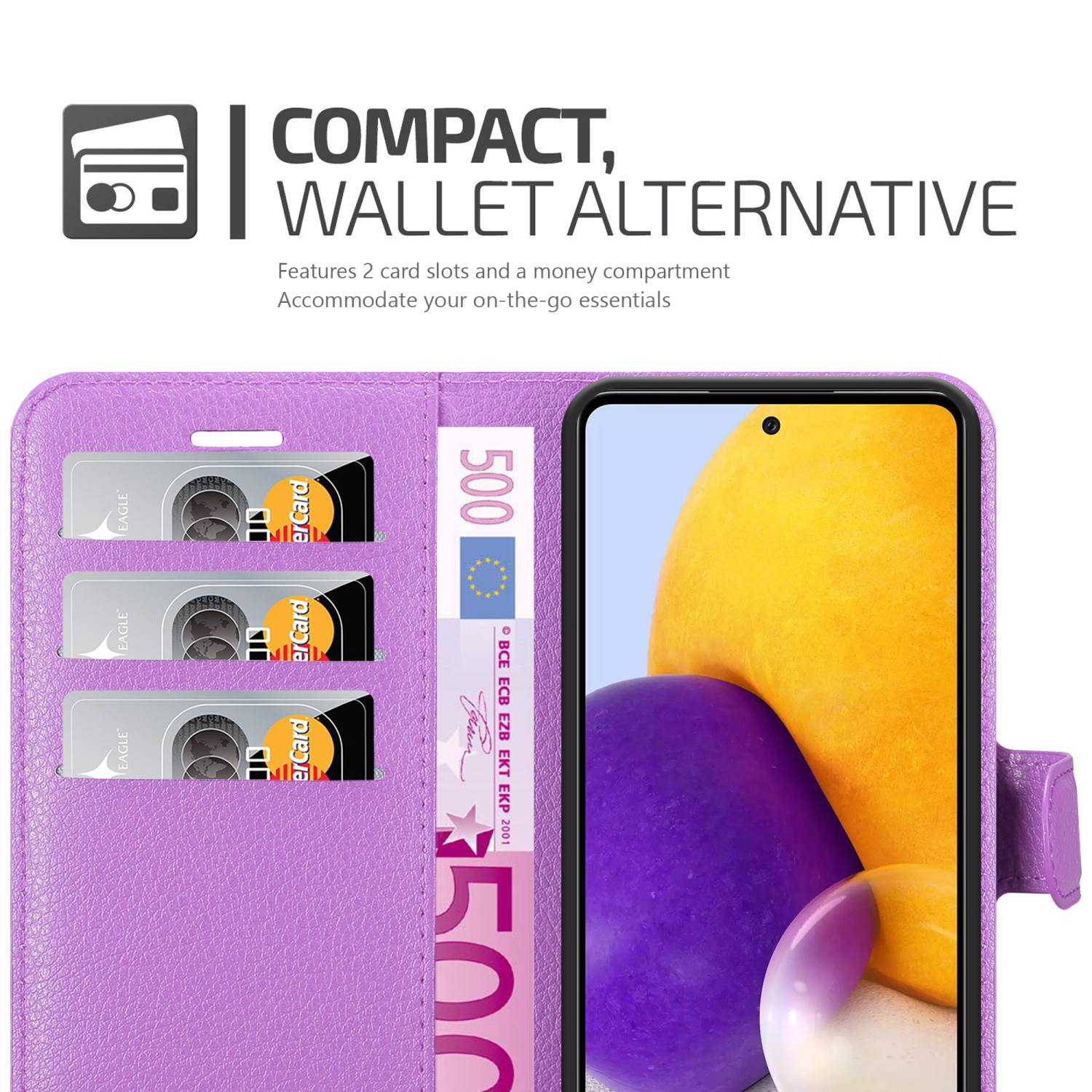 Custodia per telefono viola aperta con telefono, carte e denaro. Dispone di slot per schede e scomparto per banconote.