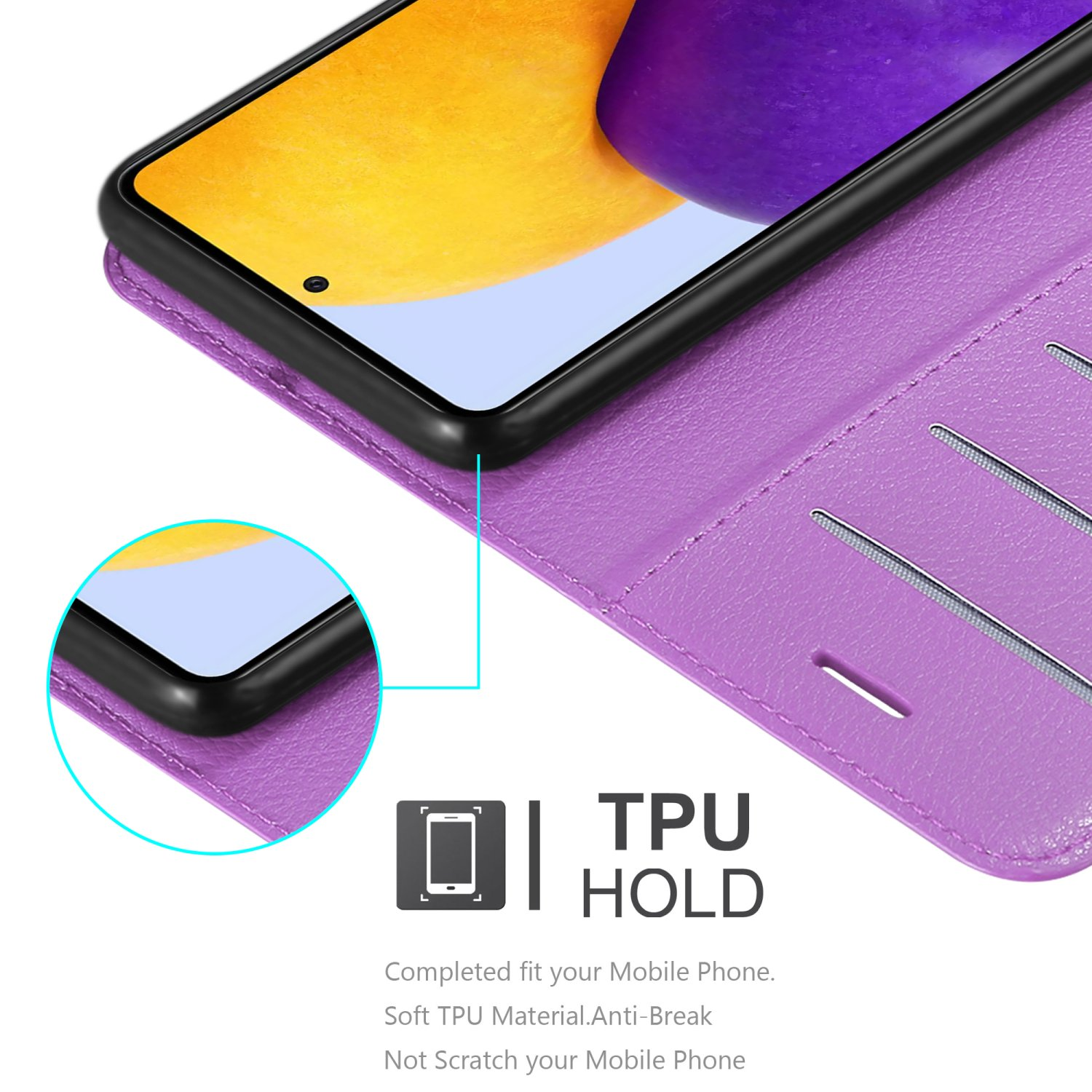 Custodia per telefono viola con telefono all'interno. Schermo nero. Testo: TPU HOLD. Sfondo viola.