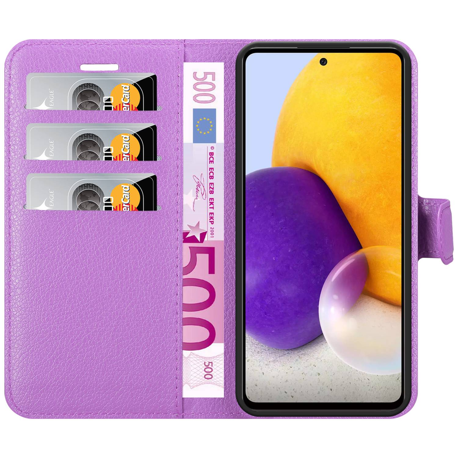 Custodia a portafoglio viola aperta, carte, denaro, telefono. Design floreale. Ora.